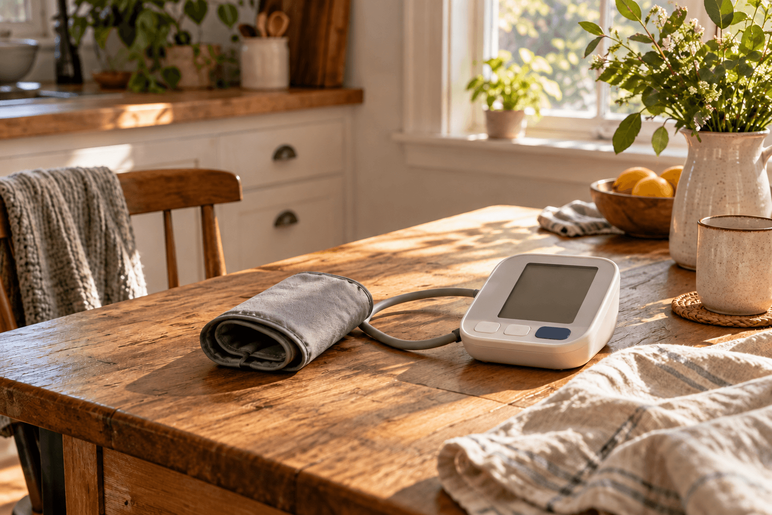 A home blood pressure monitor and cuff resting on a wooden table in a sunlit kitchen.