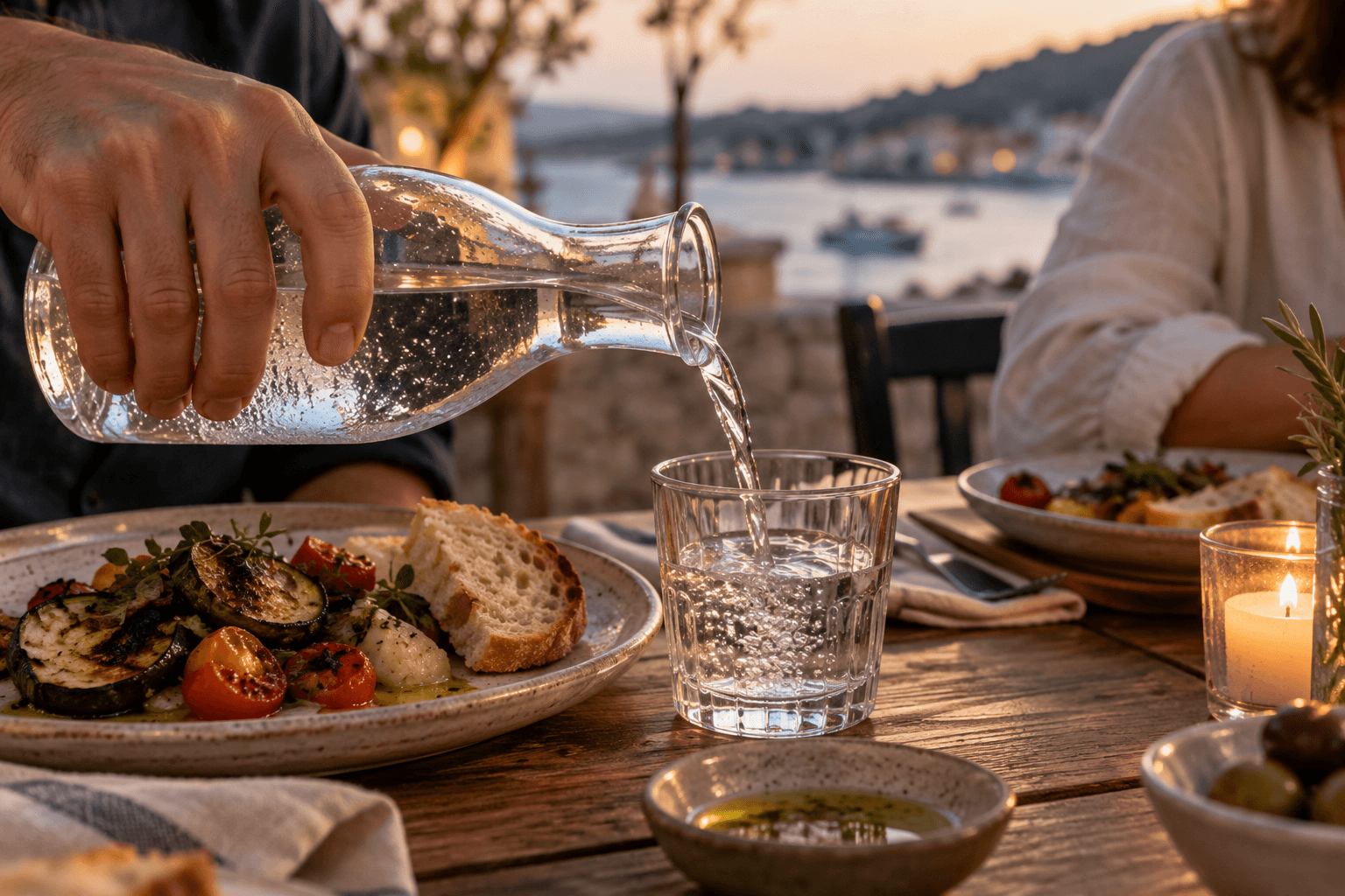 A hand pours clear water from a glass carafe into a tumbler beside plates of food.
