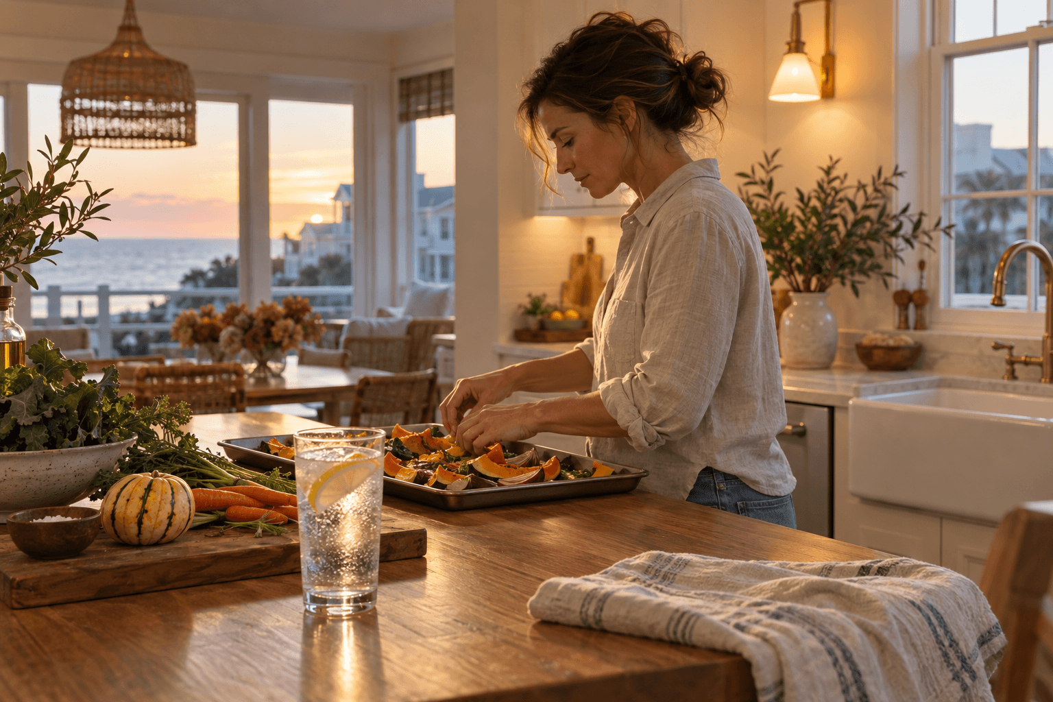 An adult preparing a meal in a home kitchen with a glass of sparkling water in the foreground.