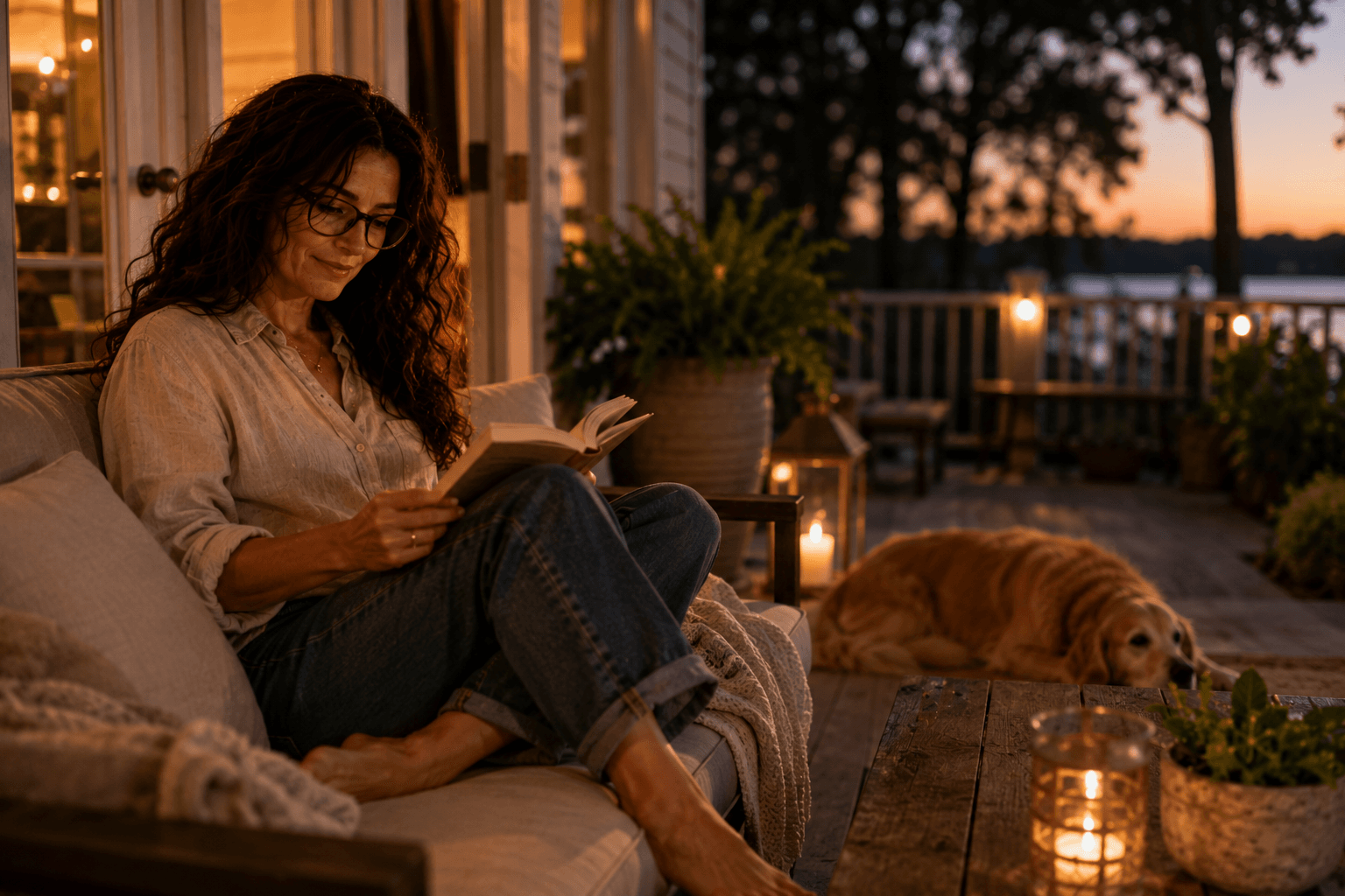 A red-haired woman with glasses relaxing with a book on a warm porch at dusk after dinner.