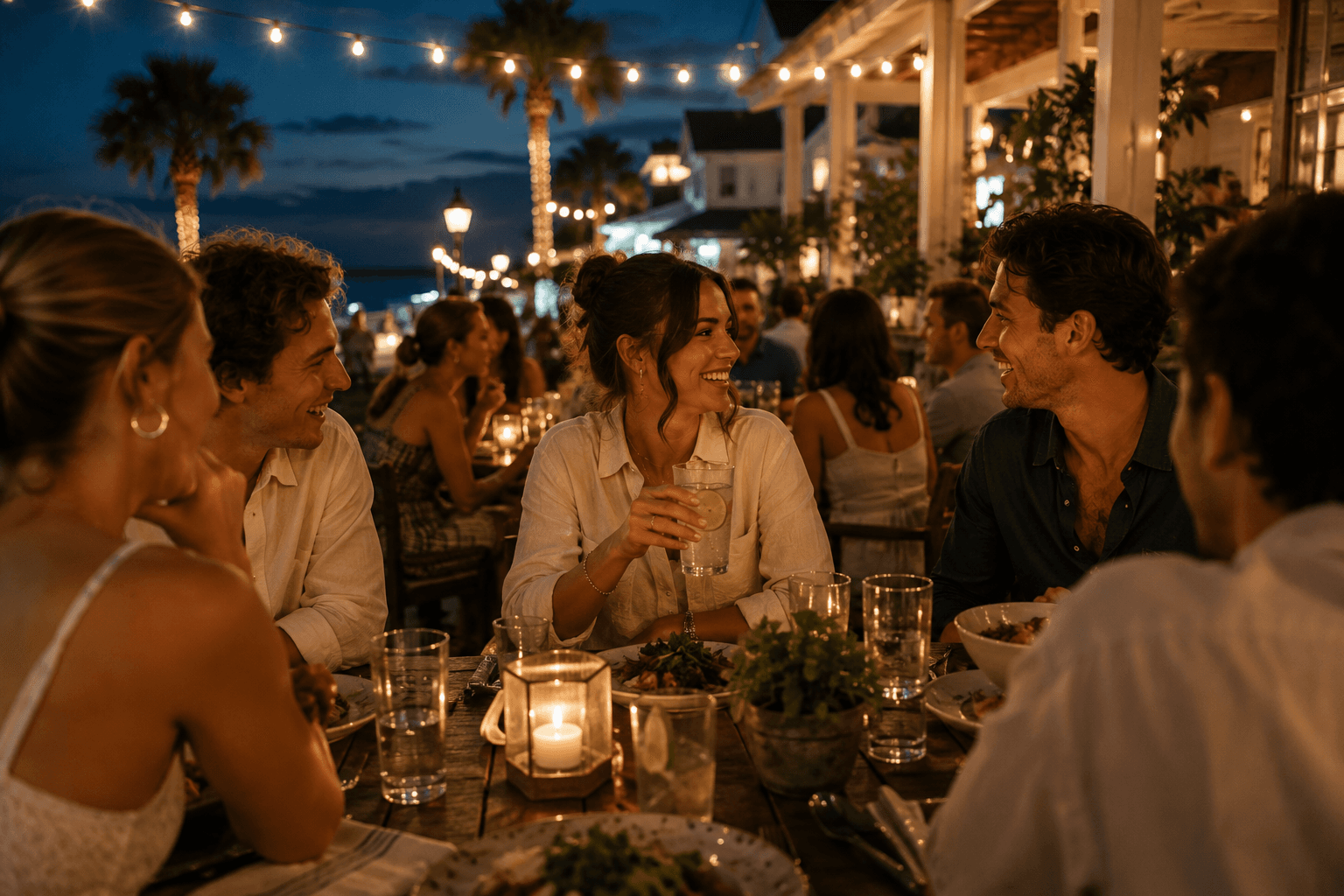 Friends laughing together at a lively outdoor coastal restaurant while a woman enjoys a nonalcoholic drink on a Friday night.