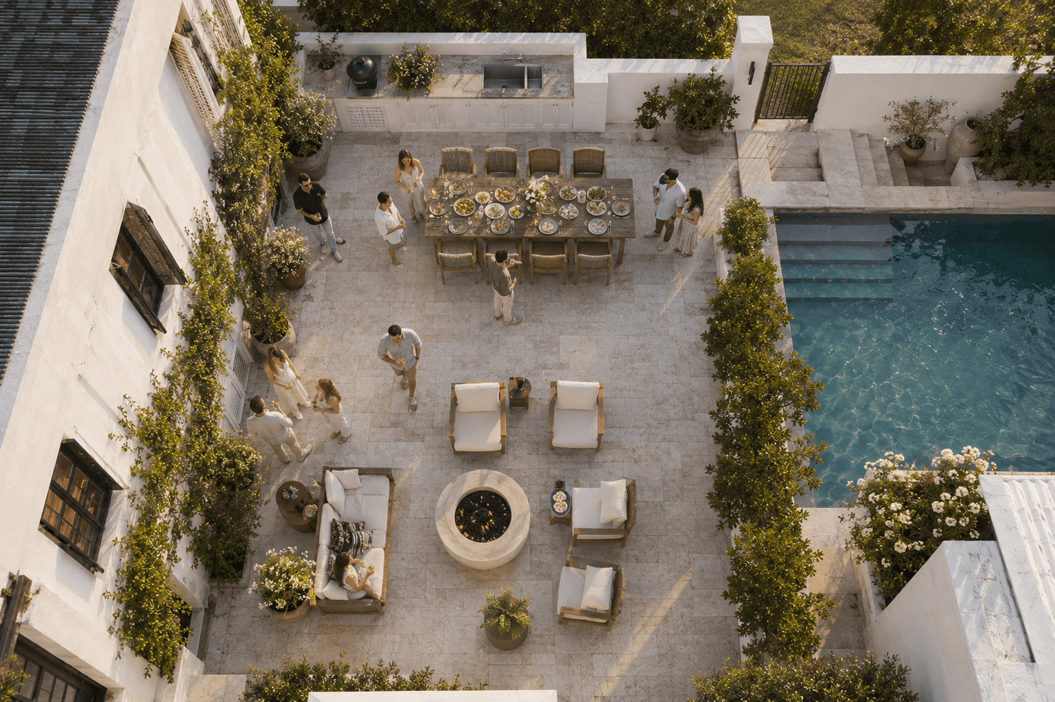 An overhead view of friends gathering around the pool and patio of a white coastal home for a summer party.