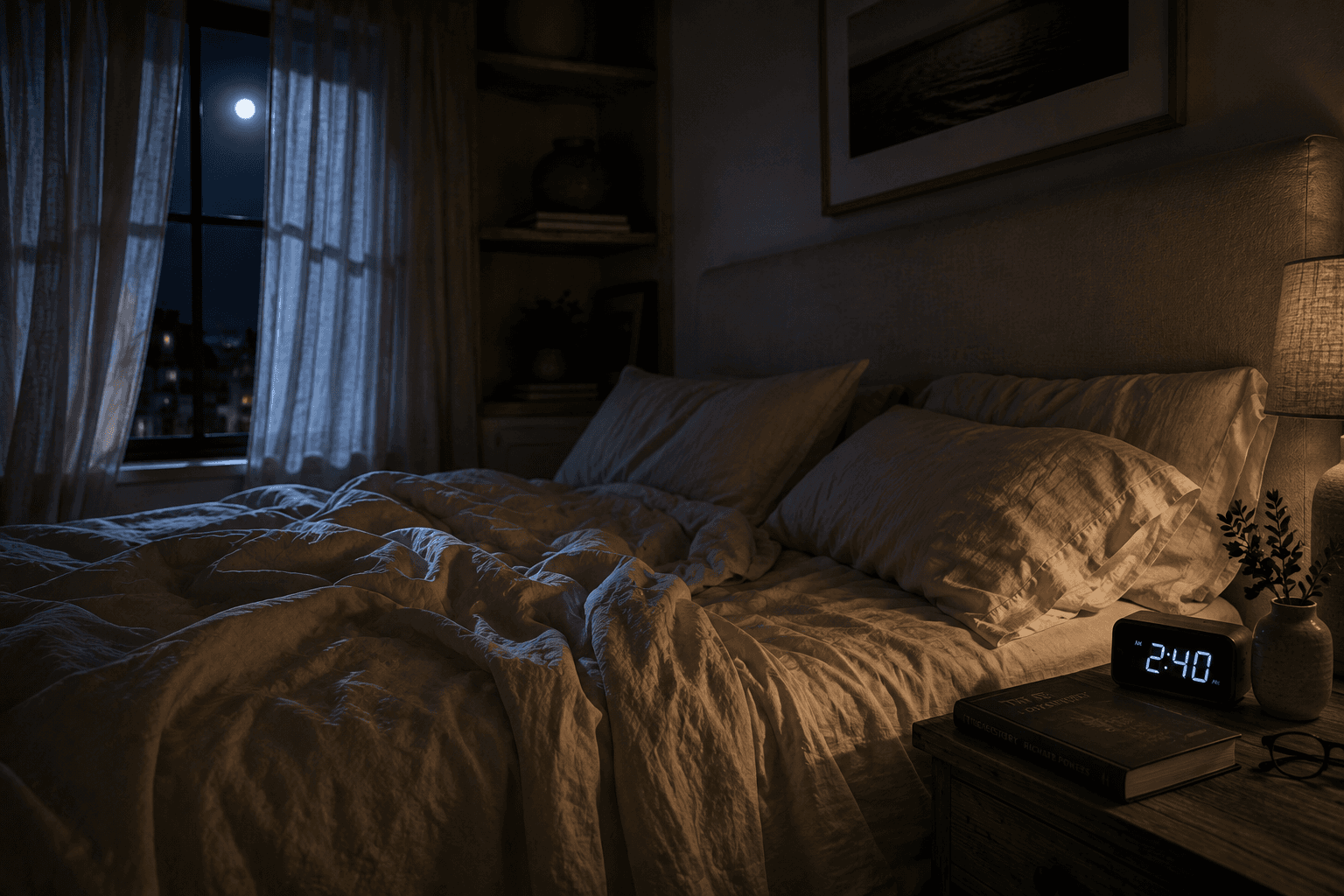 An empty bedroom with rumpled linen sheets and a bedside clock reading 2:40 a.m., representing alcohol-related sleep disruption.