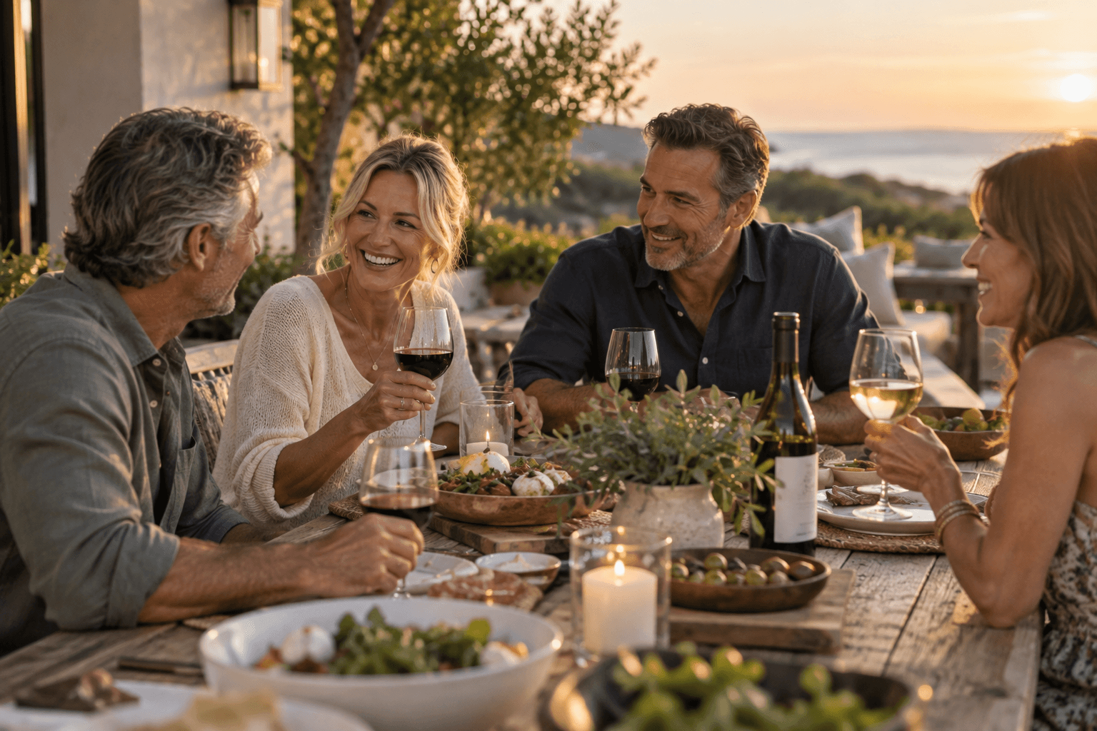 Friends in their 50s sharing wine and dinner together outdoors at golden hour.