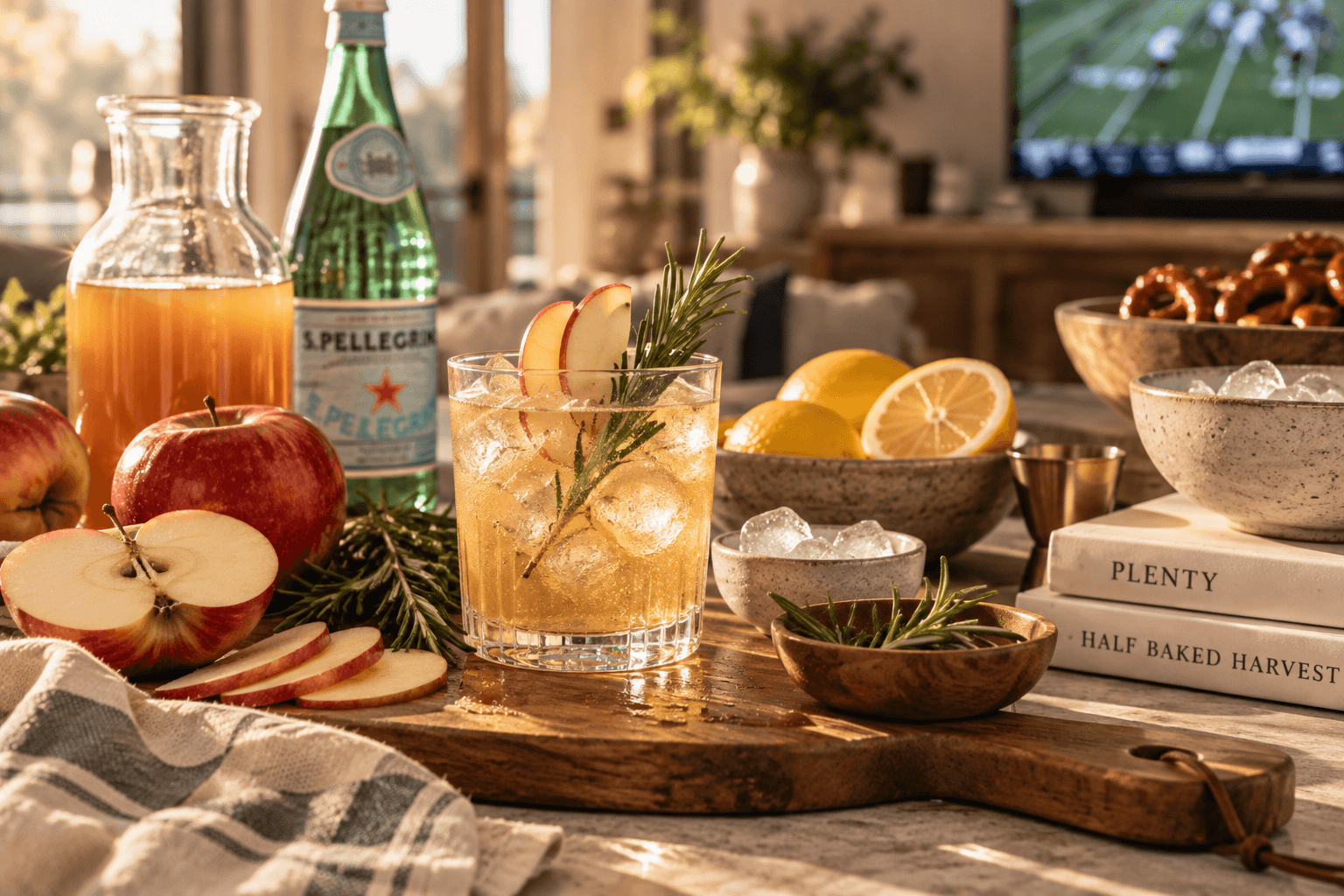 An Apple Rosemary Fizz made with apple cider, sparkling water, lemon, rosemary and apple slices over ice.