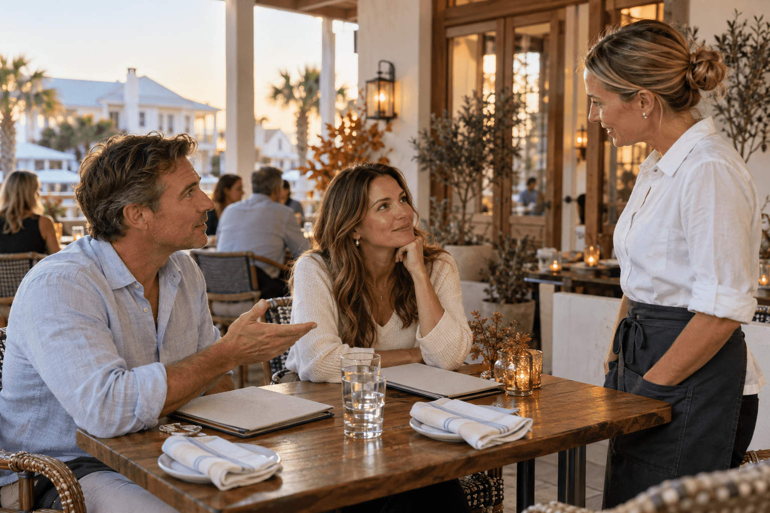 Adult restaurant guests talking with a server beside menus and water glasses.