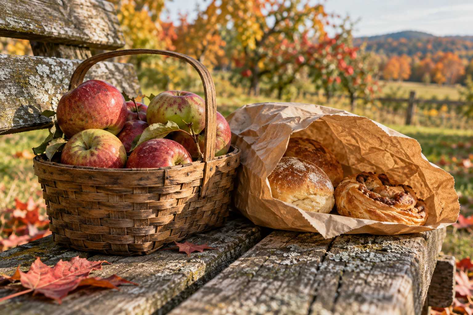A basket of apples and a paper bag of baked goods on a weathered outdoor bench.