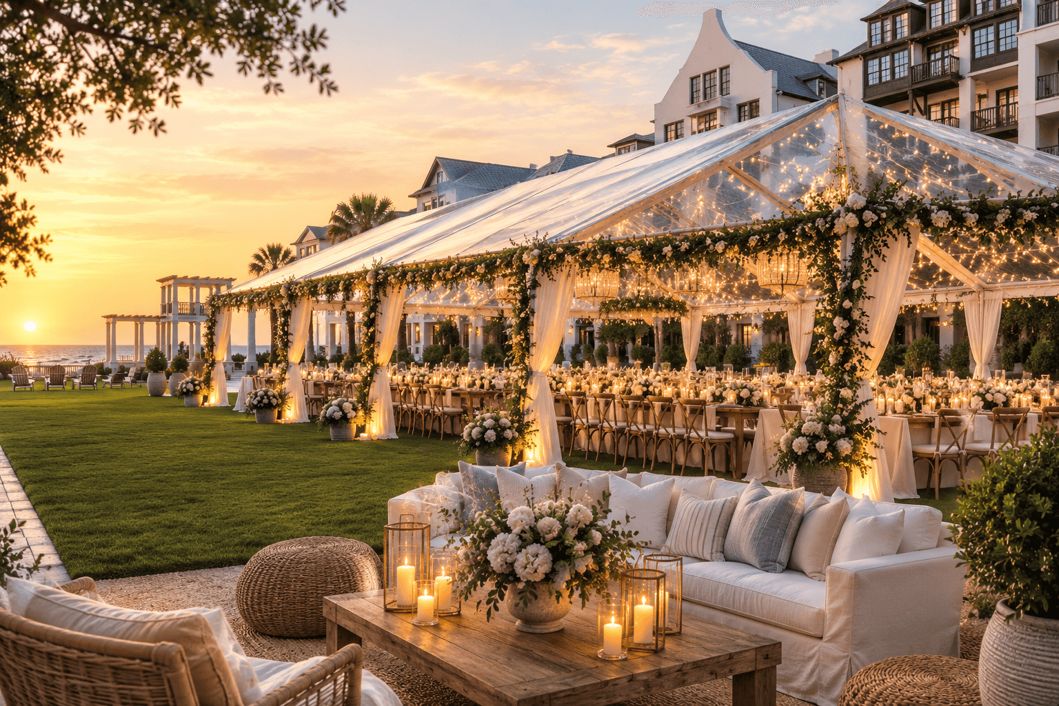 An elegant coastal wedding reception beneath a clear tent in warm evening light.