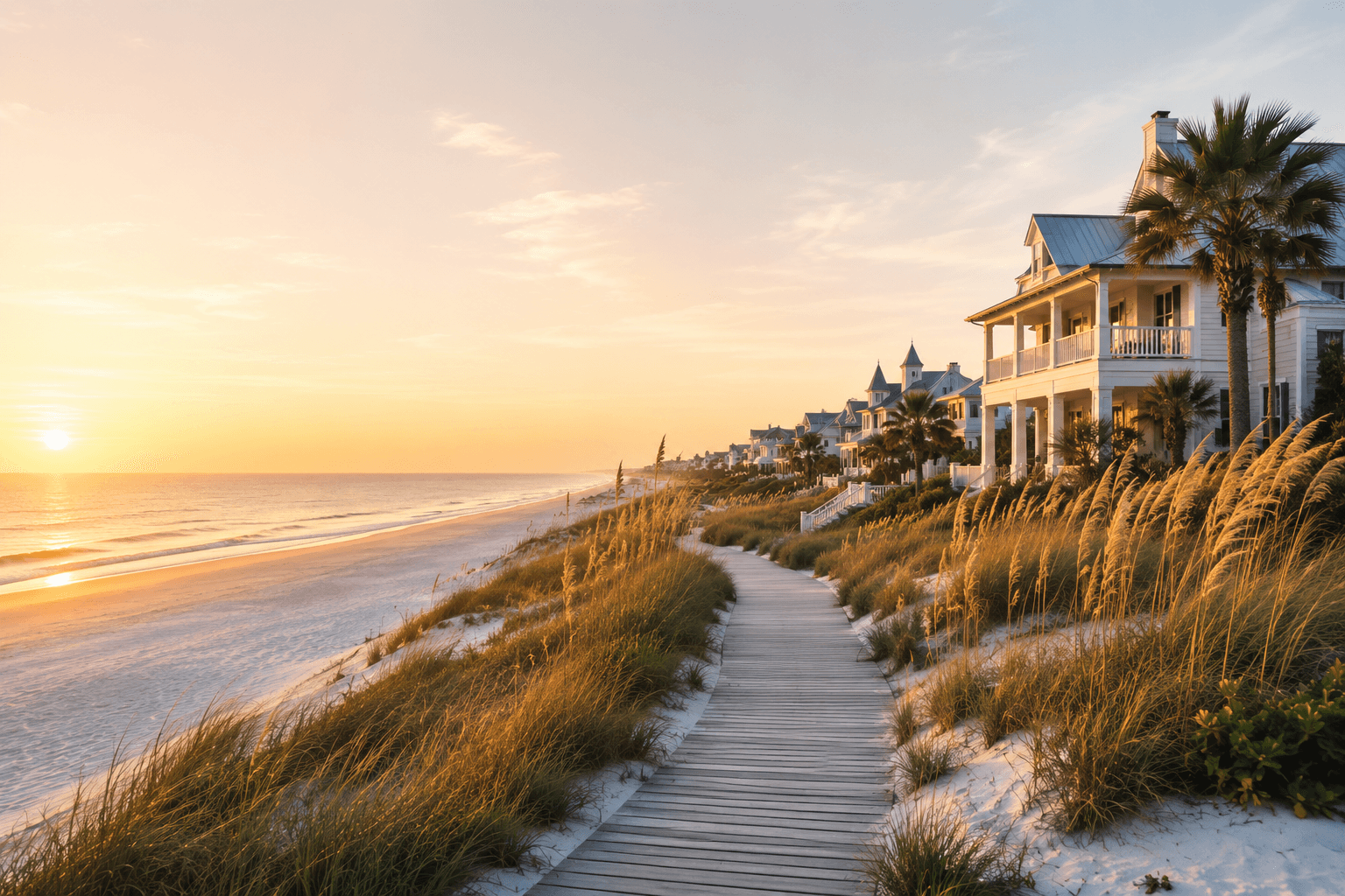 A peaceful 30A coastal boardwalk beside the Gulf at sunset in August.