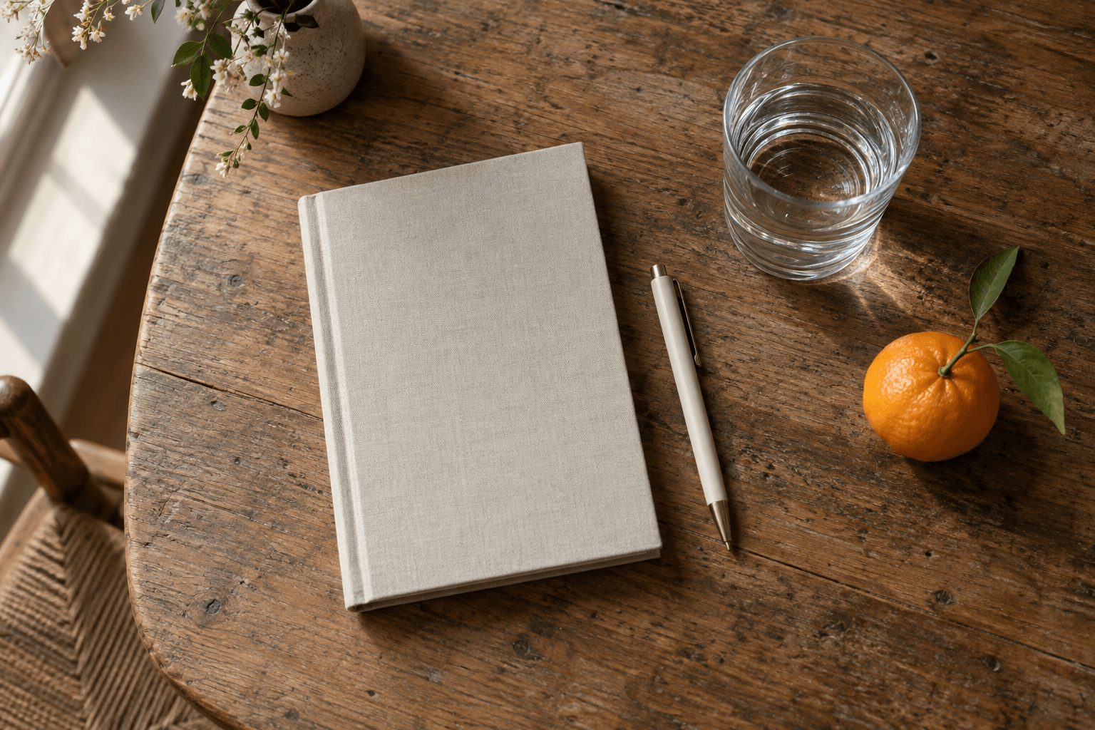 A closed notebook and pen beside a glass of water and citrus on a wooden table.
