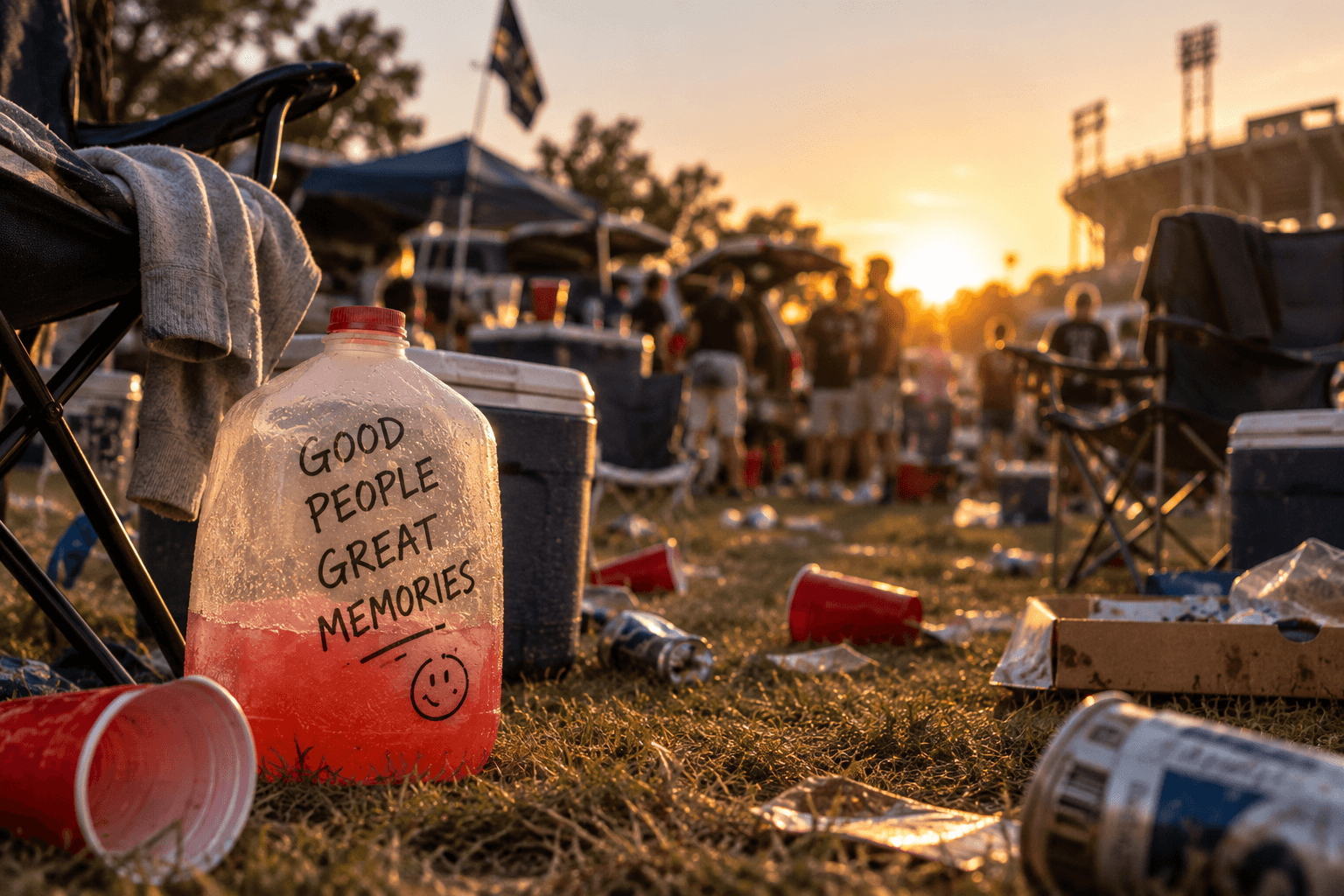 A half-empty colorful gallon drink left beside folding chairs and coolers as a football tailgate winds down at sunset.