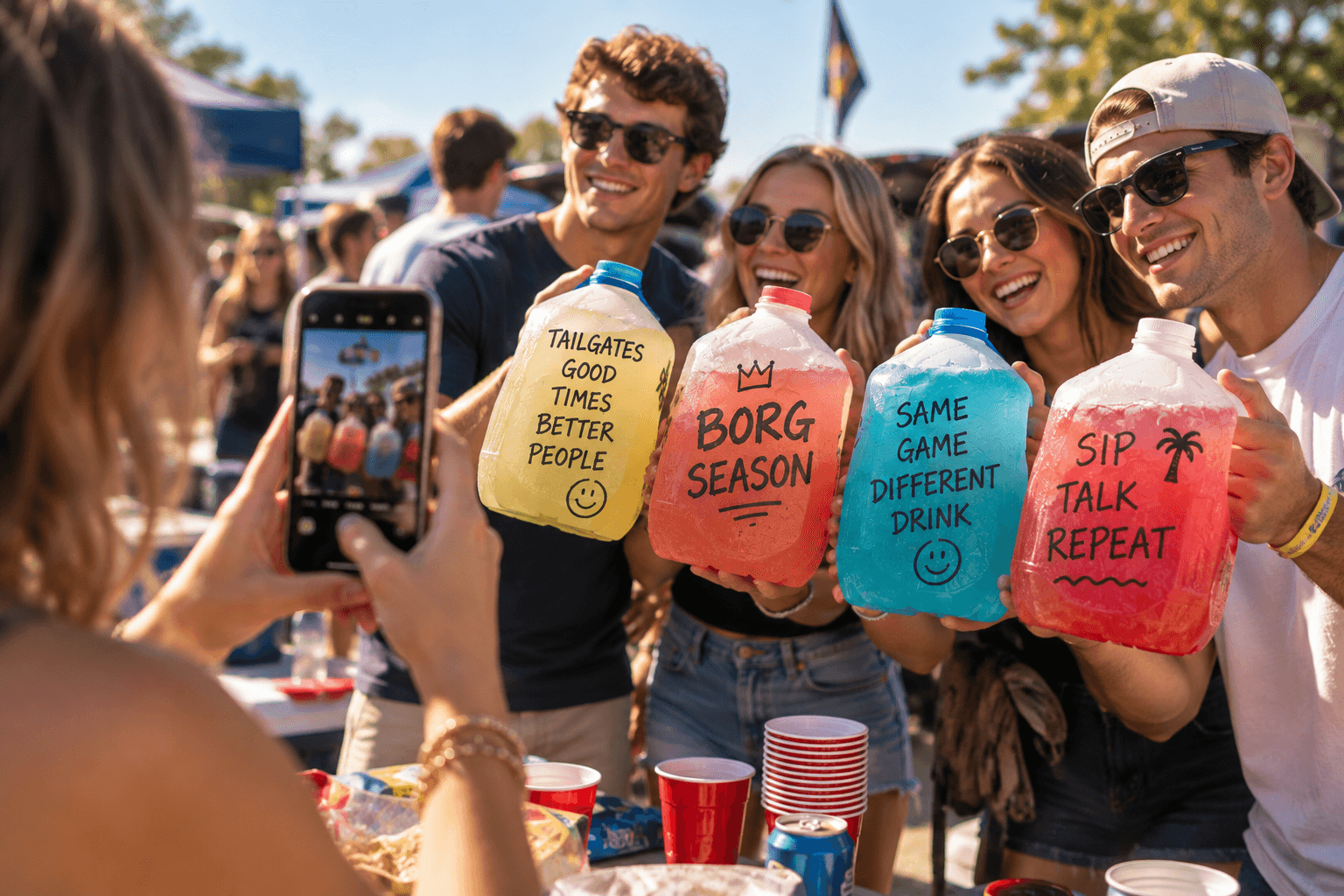 College-age friends posing with colorful decorated gallon drinks while a smartphone photographs them at a daytime tailgate.