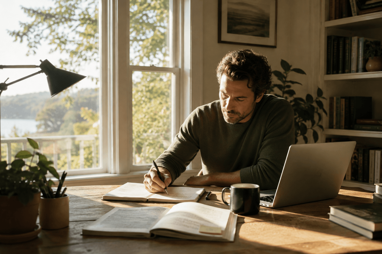 A man working with calm focus at a bright home workspace, representing clearer thinking during recovery after stopping alcohol.