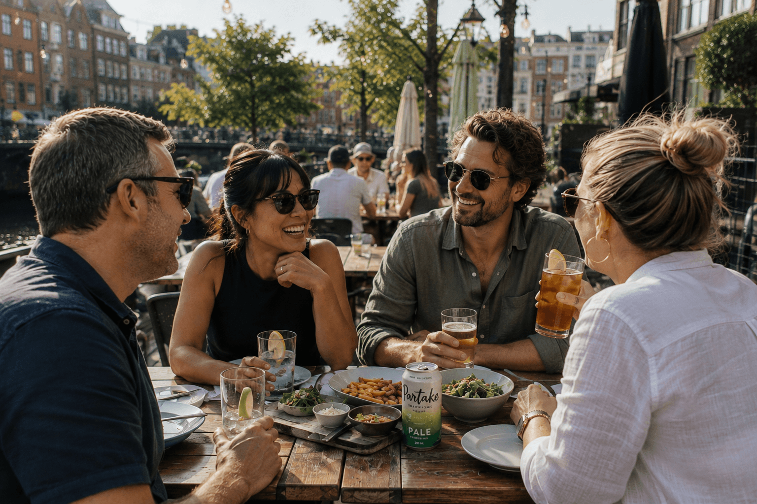 A group of friends socializing on a late-summer Canadian restaurant patio with food and a variety of nonalcoholic beverages.