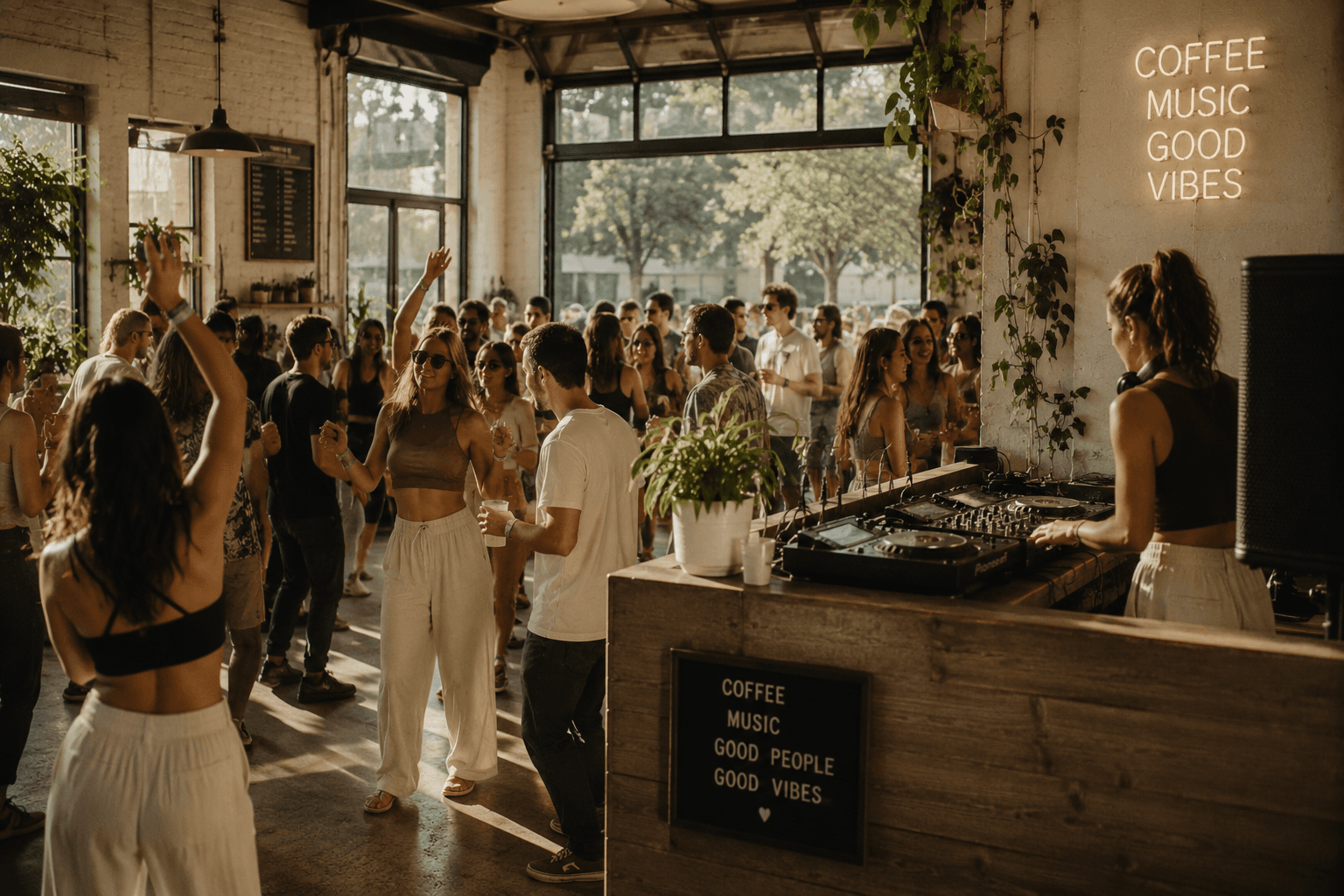Friends dancing inside a bright coffee shop while a DJ plays music during an alcohol-free daytime party.