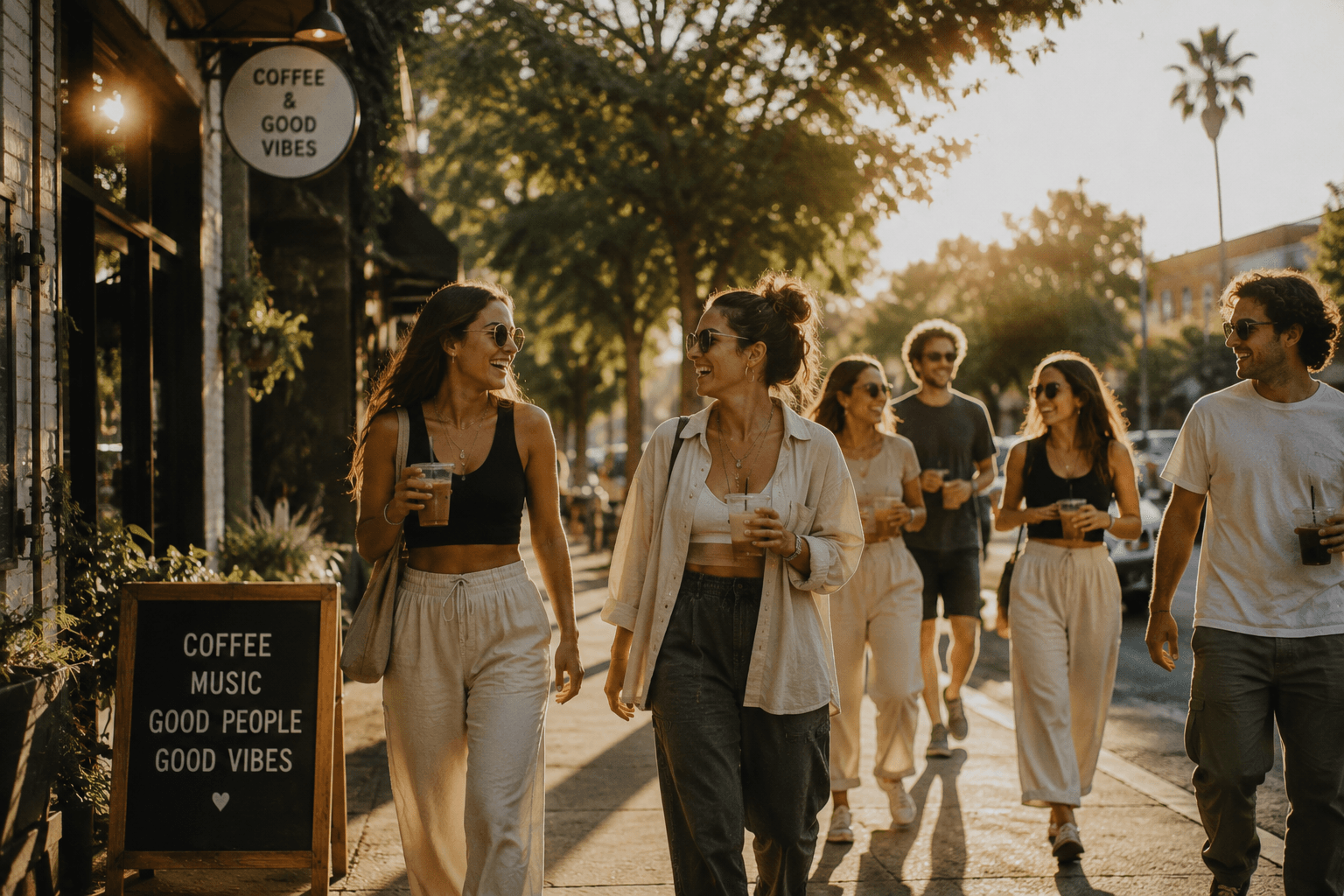 Friends carrying iced coffee and talking together outside a neighborhood cafe after a morning social event.