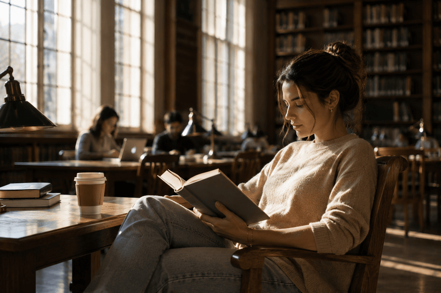 A woman reading attentively in a quiet library, representing improving memory, attention, and concentration after stopping drinking.