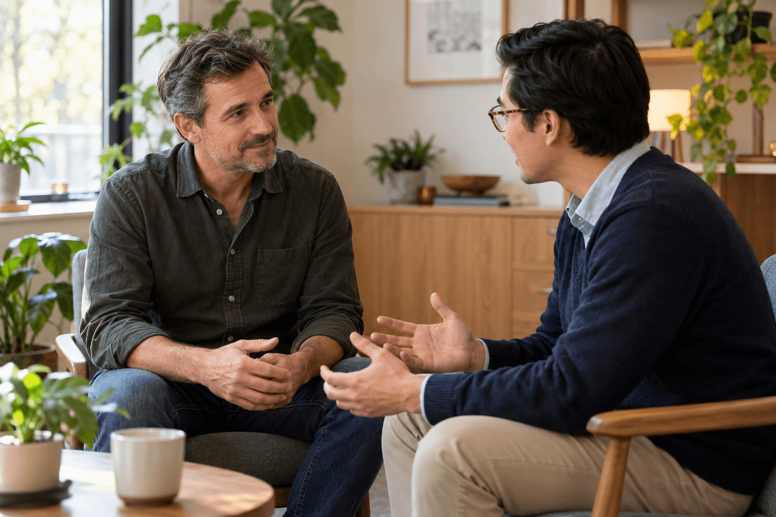 An adult speaking with a clinician in a softly lit consultation room.