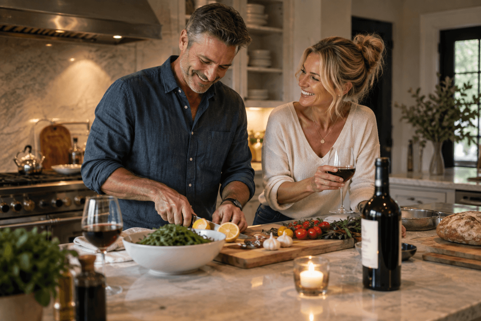 A couple in their 50s preparing dinner together in a warm kitchen with wine naturally present on the island.