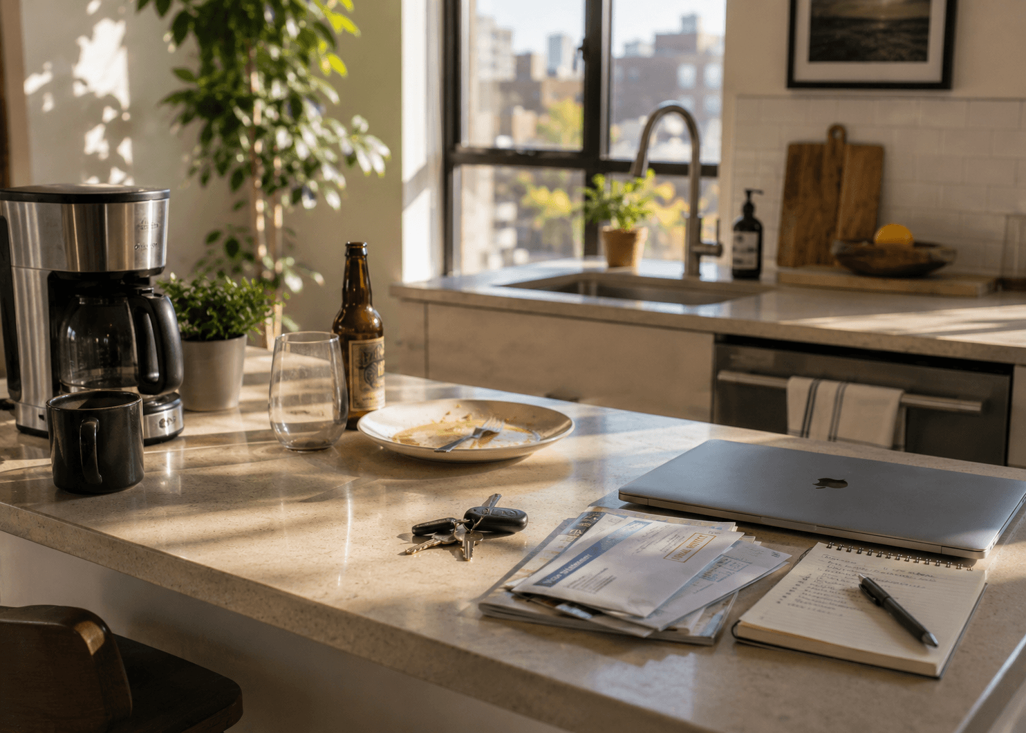 A bright morning kitchen counter with coffee, leftover food, a wine glass, an empty beer bottle, keys, mail, and a closed laptop after an ordinary evening at home.