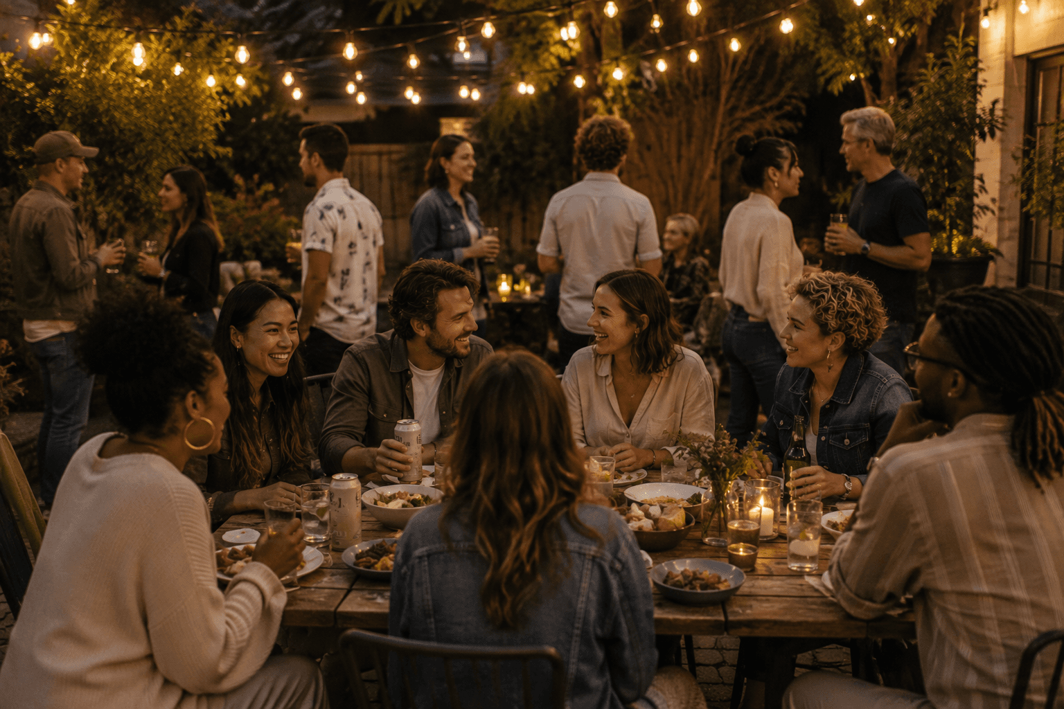A diverse group of friends enjoying an outdoor evening gathering with food and a variety of alcoholic and nonalcoholic drinks.