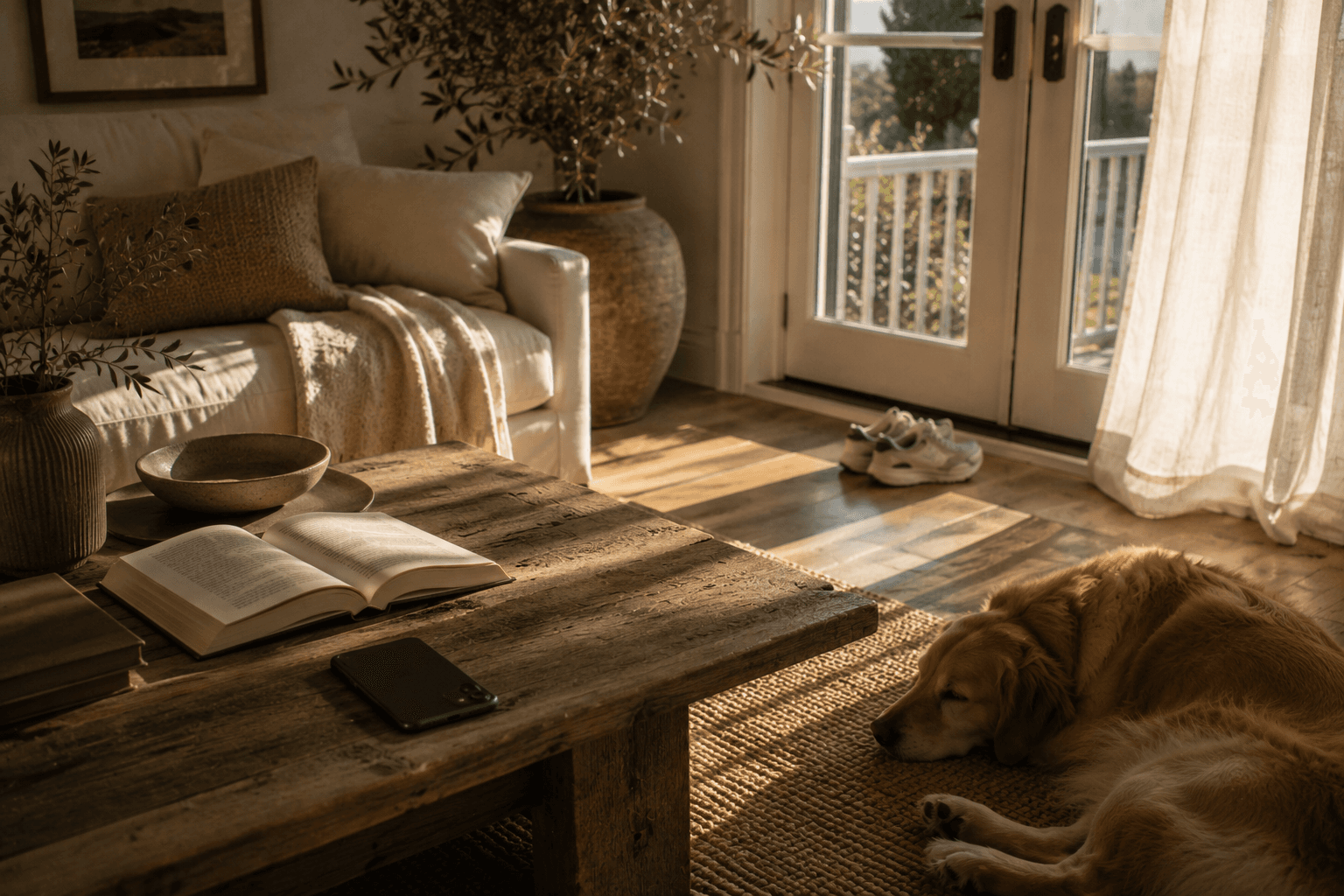 A quiet sunlit coastal living room with an open book, sneakers by the door, a phone face-down, and a golden retriever sleeping nearby.