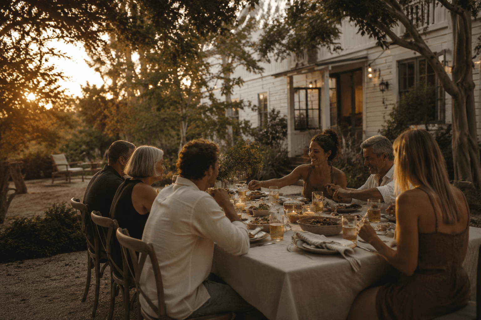 Friends gathering around an outdoor dinner table at a coastal home during a warm late-summer evening.