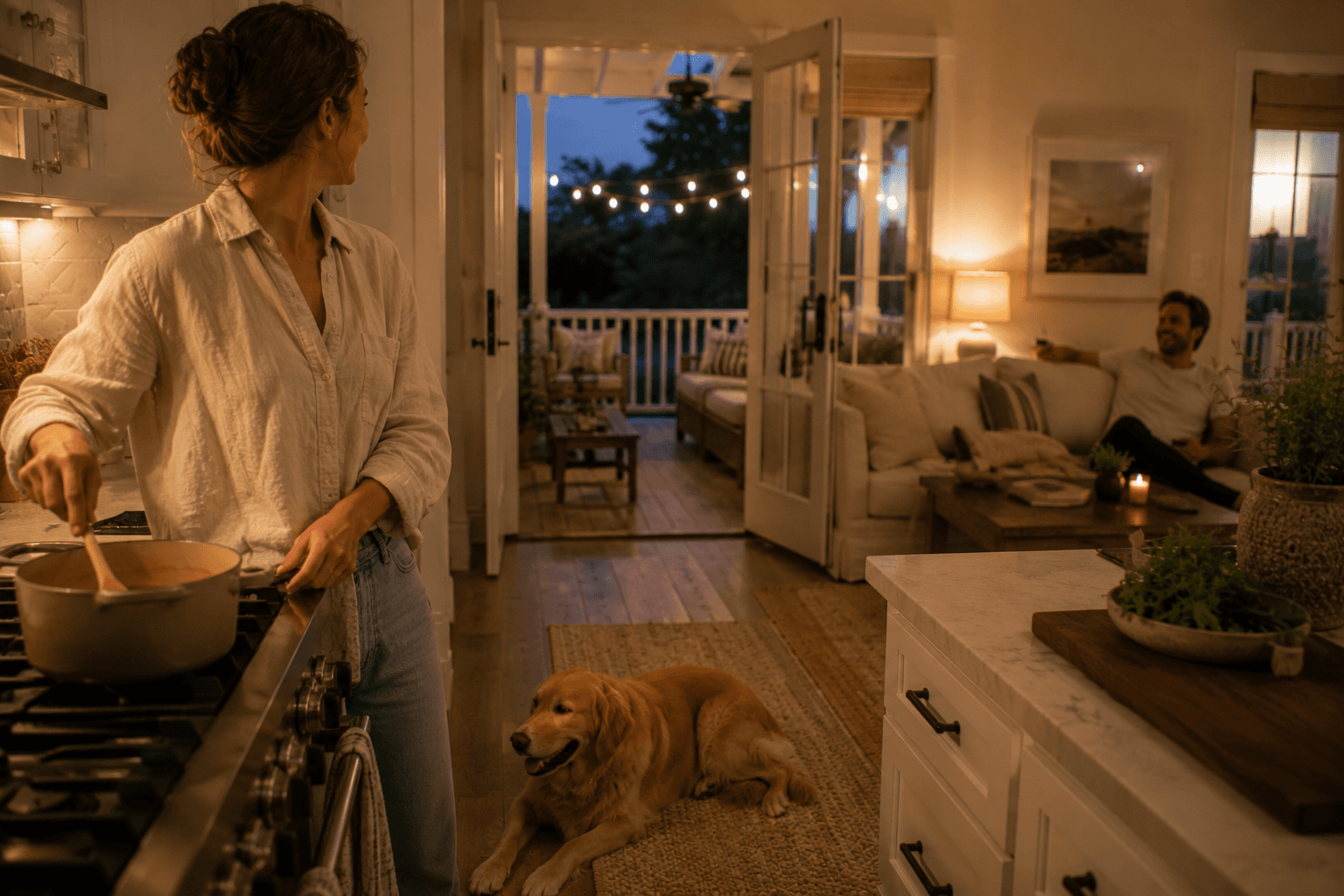 A woman cooking dinner in a warm coastal home while a man relaxes nearby and a golden retriever rests on the floor.