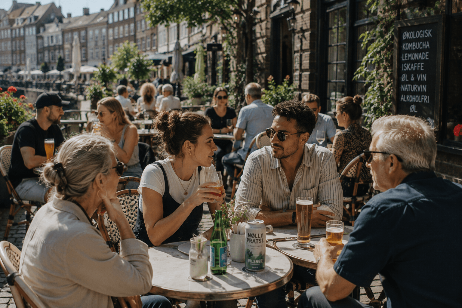 Friends of different ages sitting together at a European cafe with traditional and alcohol-free beverage choices on the table.