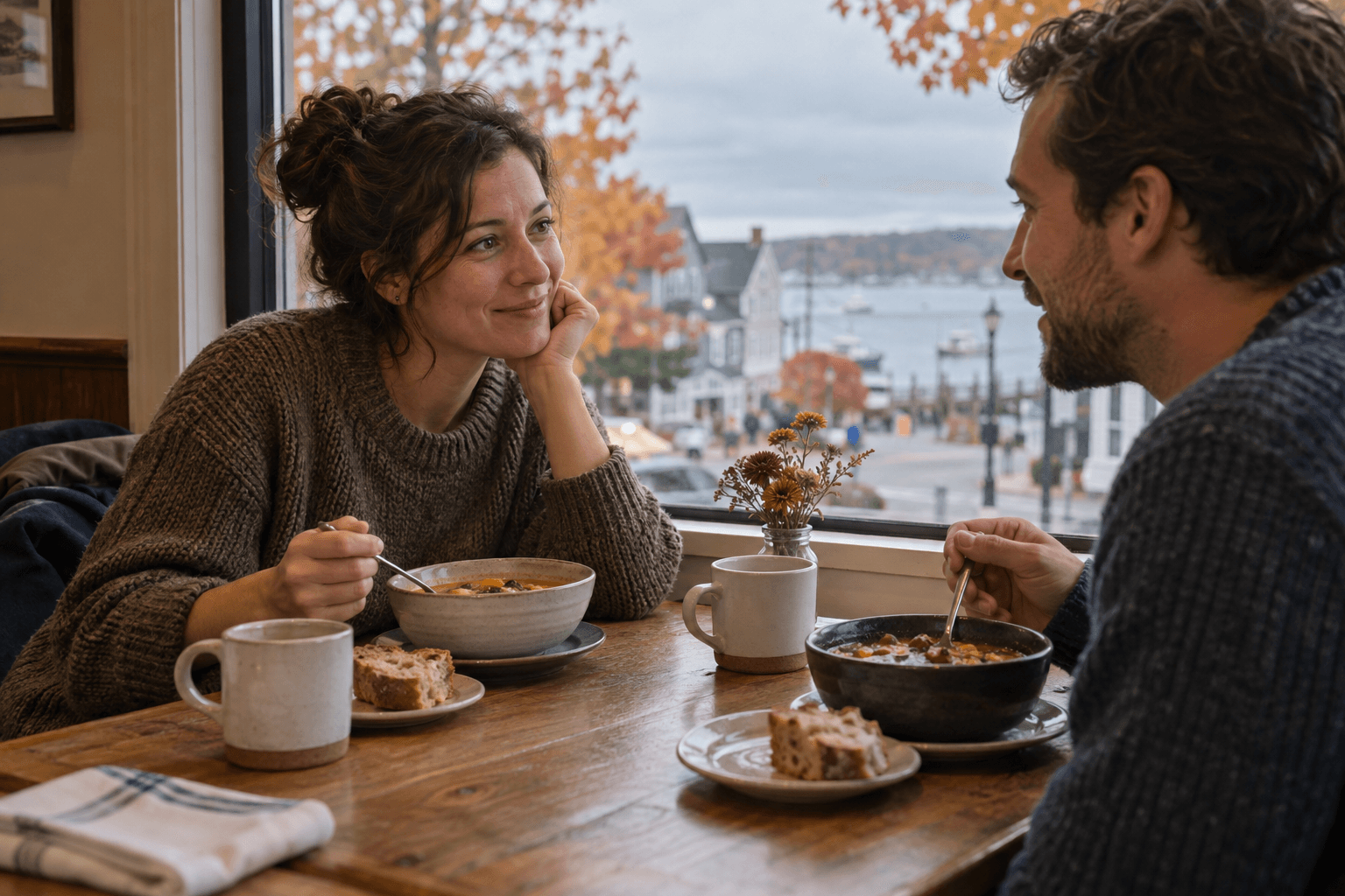 Two friends sitting by a café window with soup, bread and plain mugs.