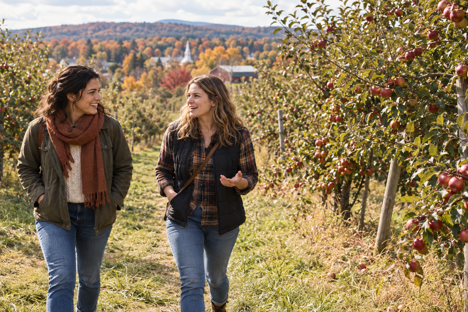 Two women talking as they walk between apple trees, with autumn hills in the distance.