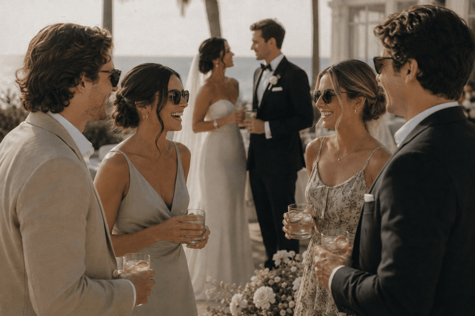 Wedding guests enjoying a coastal cocktail hour with iced tea, sparkling water, and lemonade.