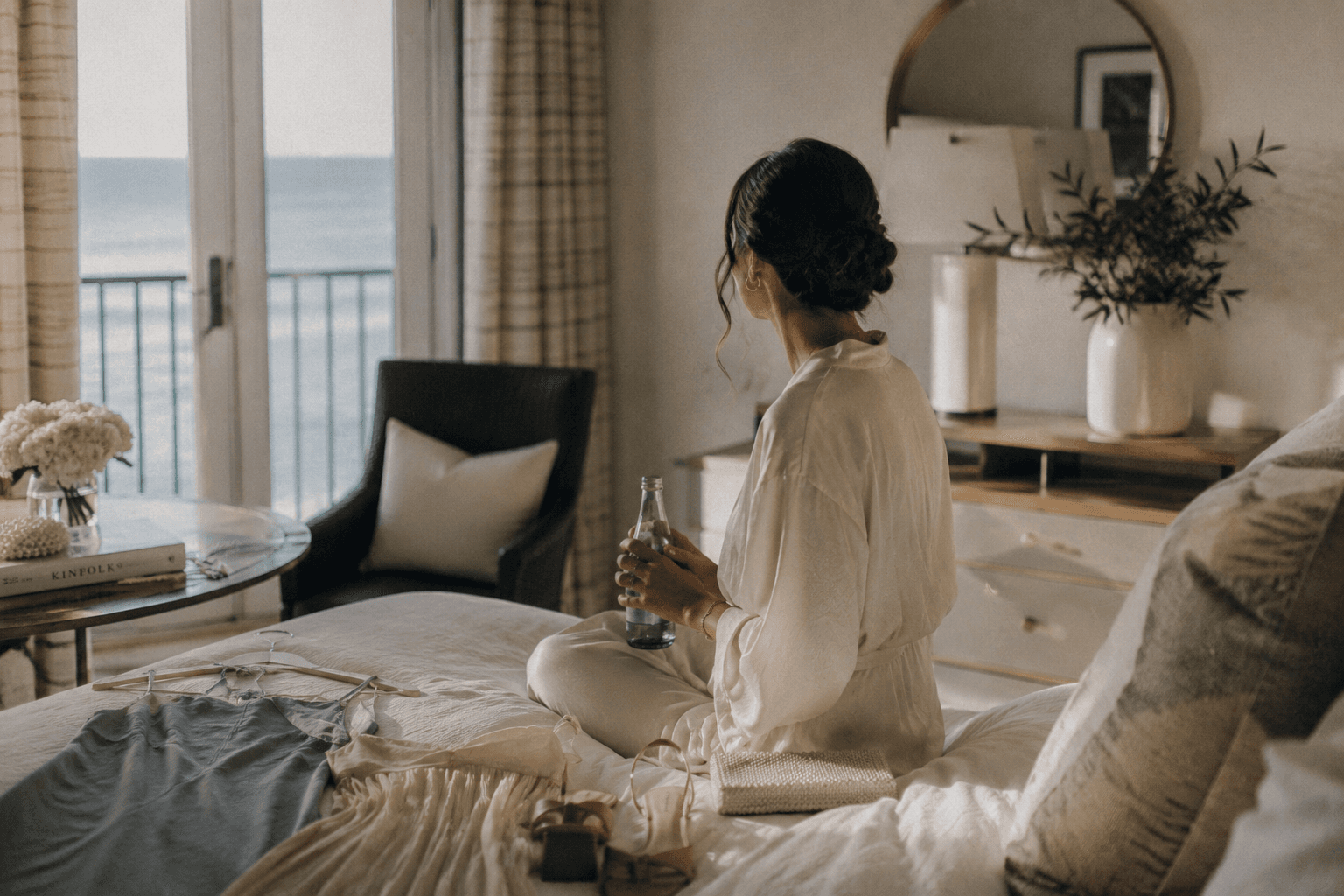 A peaceful coastal hotel room with wedding clothes prepared and sparkling water nearby.