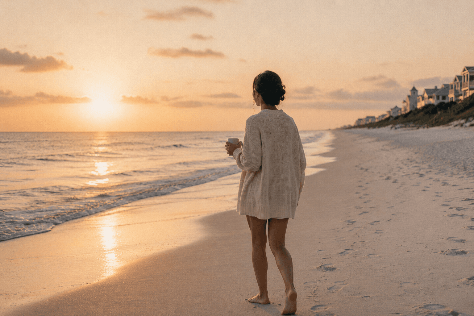 A peaceful 30A sunrise with coffee and a quiet walk along the beach after a wedding.