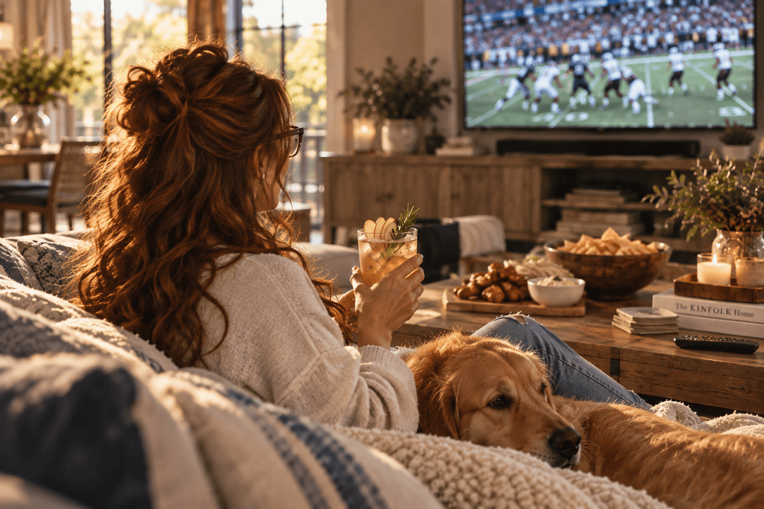 A red-haired woman relaxing at home during a football game with an Apple Rosemary Fizz and a Golden Retriever nearby.