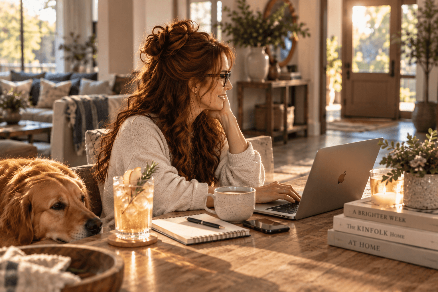 Danielle working comfortably at home on Monday morning with coffee, a laptop and a Golden Retriever nearby.