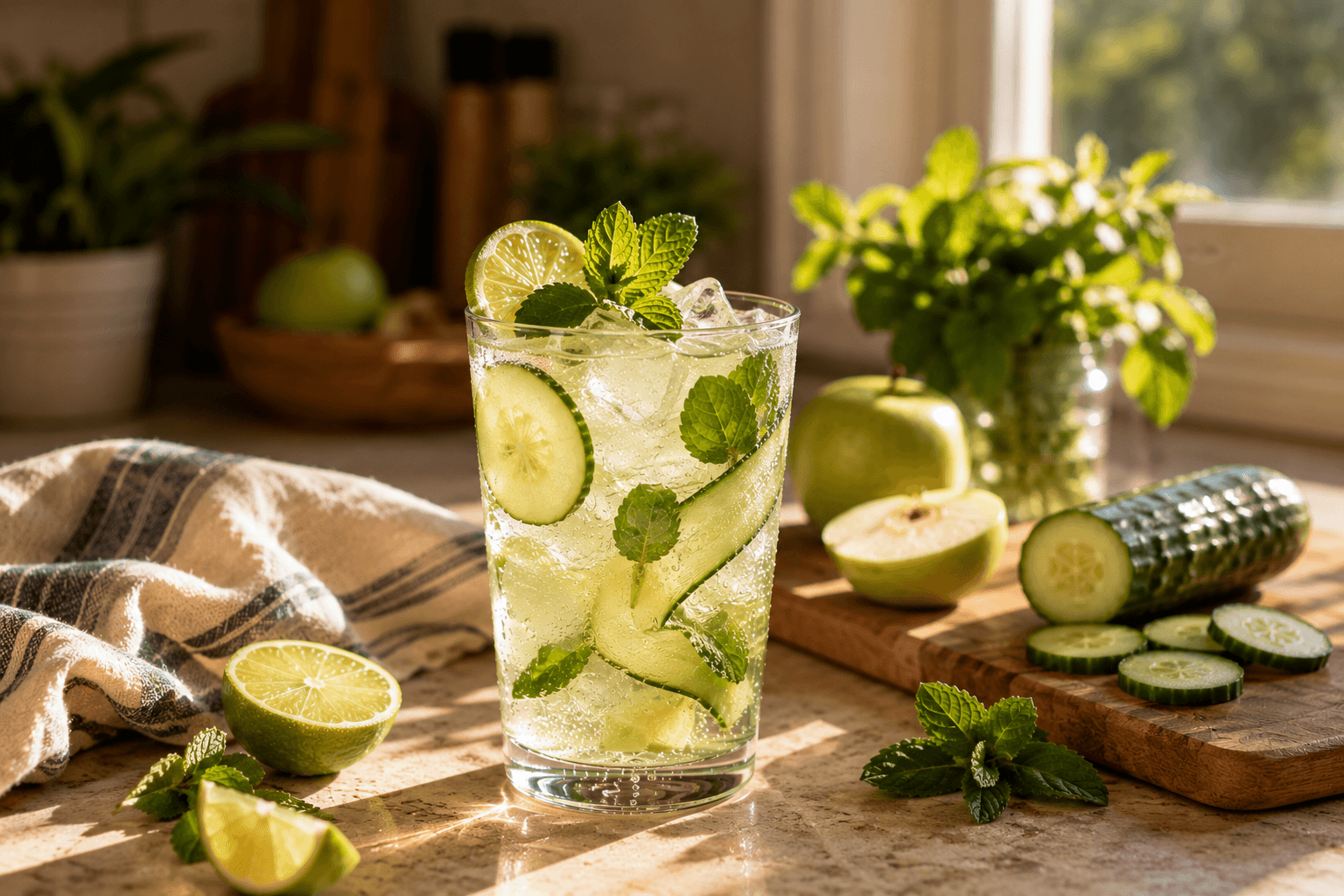 The Green Hour, an alcohol-free cucumber, lime, mint, green apple, and sparkling water drink over ice in a clear glass.
