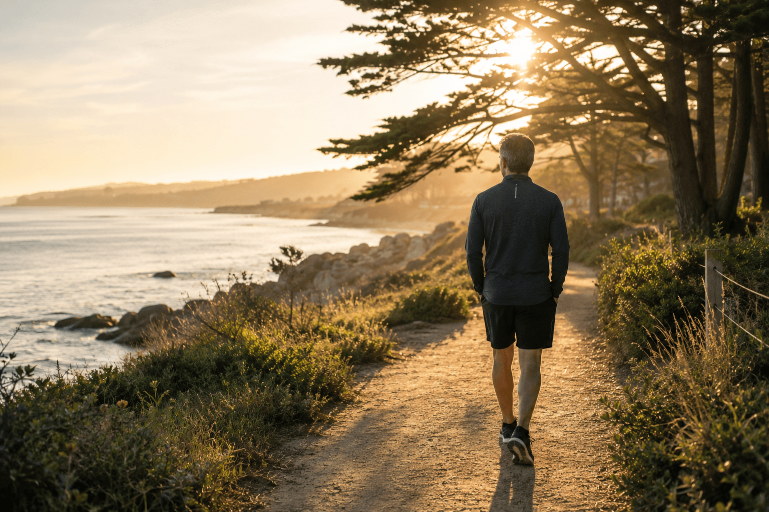 A middle-aged man walking along a peaceful coastal trail in warm morning light, representing recovery over time after alcohol-related liver damage.