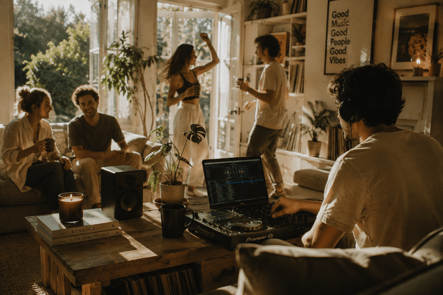 Friends enjoying music together in a warm sunlit living room during a casual morning coffee party at home.
