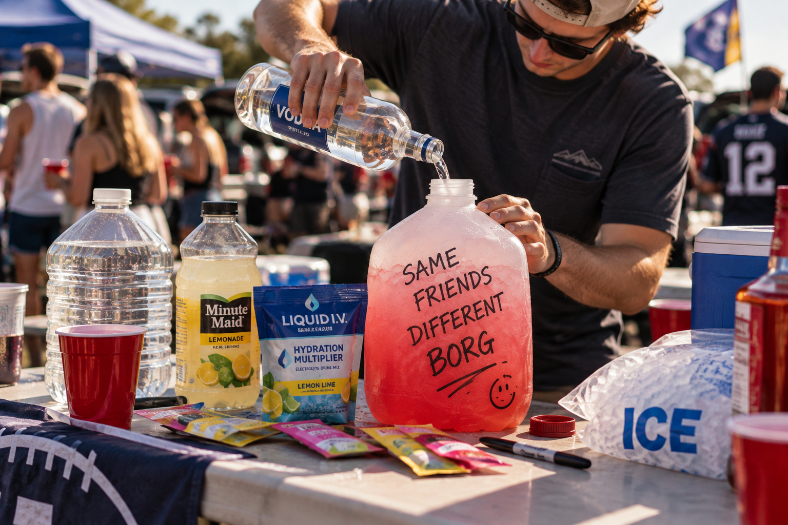 A college-age person assembling a colorful gallon drink at a football-style tailgate with liquor, water, ice and drink-mix packets visible.