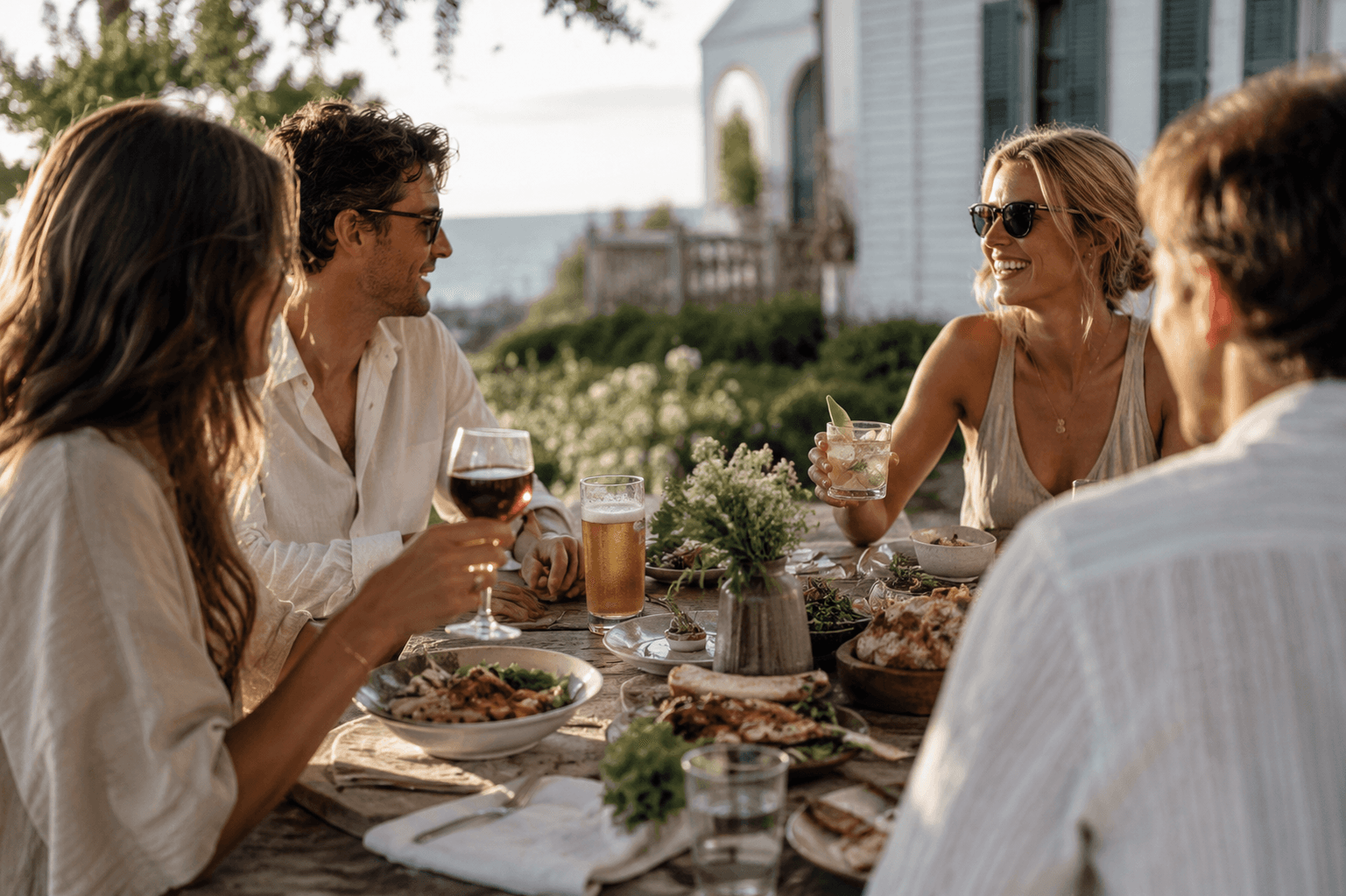 Friends sharing an outdoor coastal dinner with wine, beer and a cocktail on the table, representing questions about whether beverage type changes alcohol-related health risk.