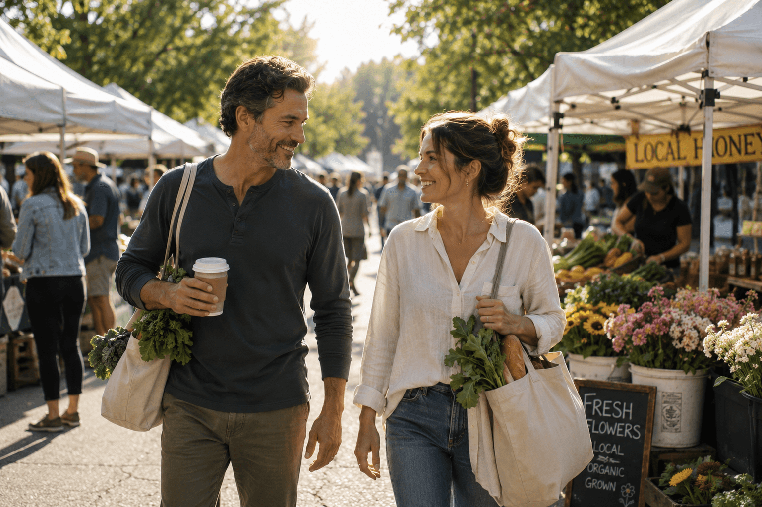 A couple walking through a sunny farmers market together, representing ordinary life and ongoing recovery after alcohol.