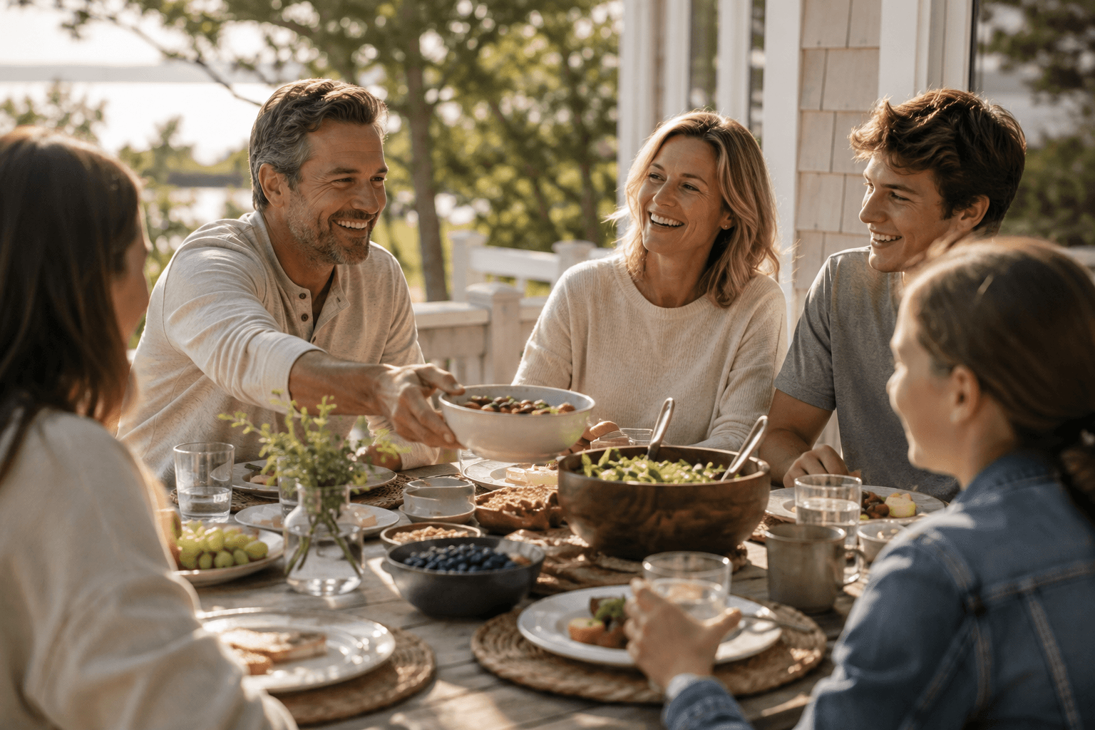 A family sharing a relaxed outdoor meal together in warm daylight, representing ordinary life after recovery from serious illness.