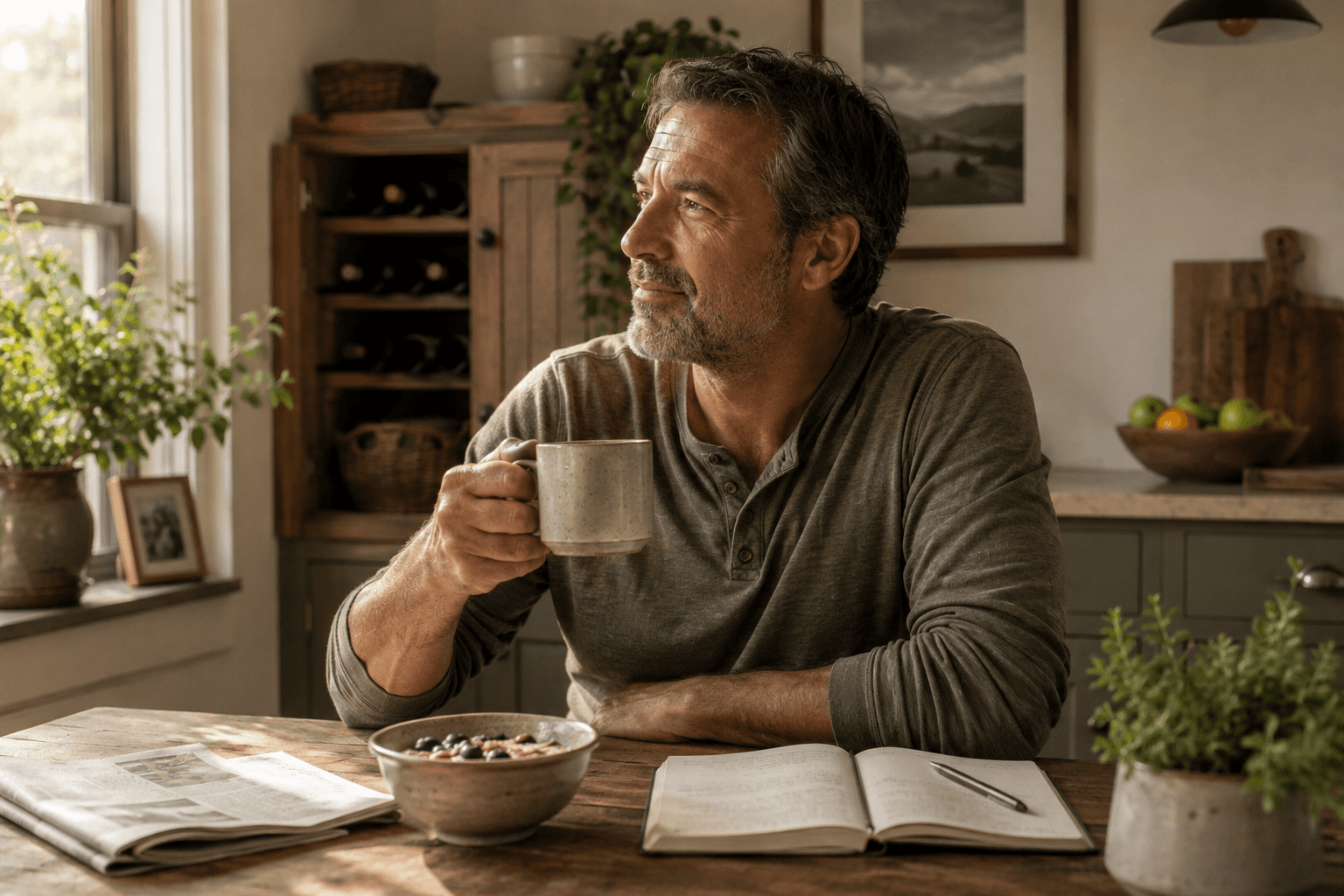 A middle-aged man having a quiet breakfast and coffee in a warm morning kitchen, representing life and recovery after stopping alcohol.