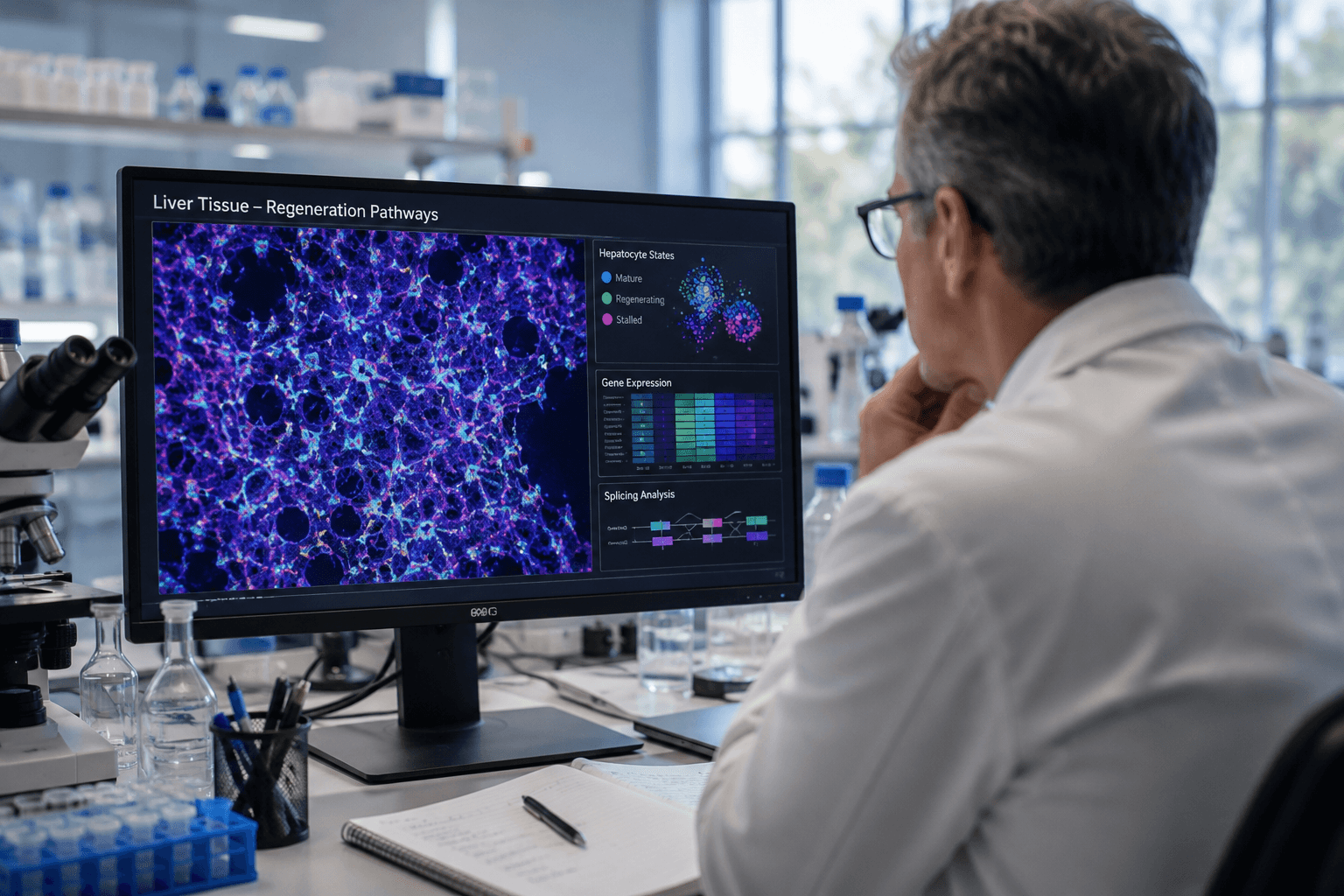 A liver researcher studying microscopy and regeneration pathways on a computer monitor in a modern laboratory.