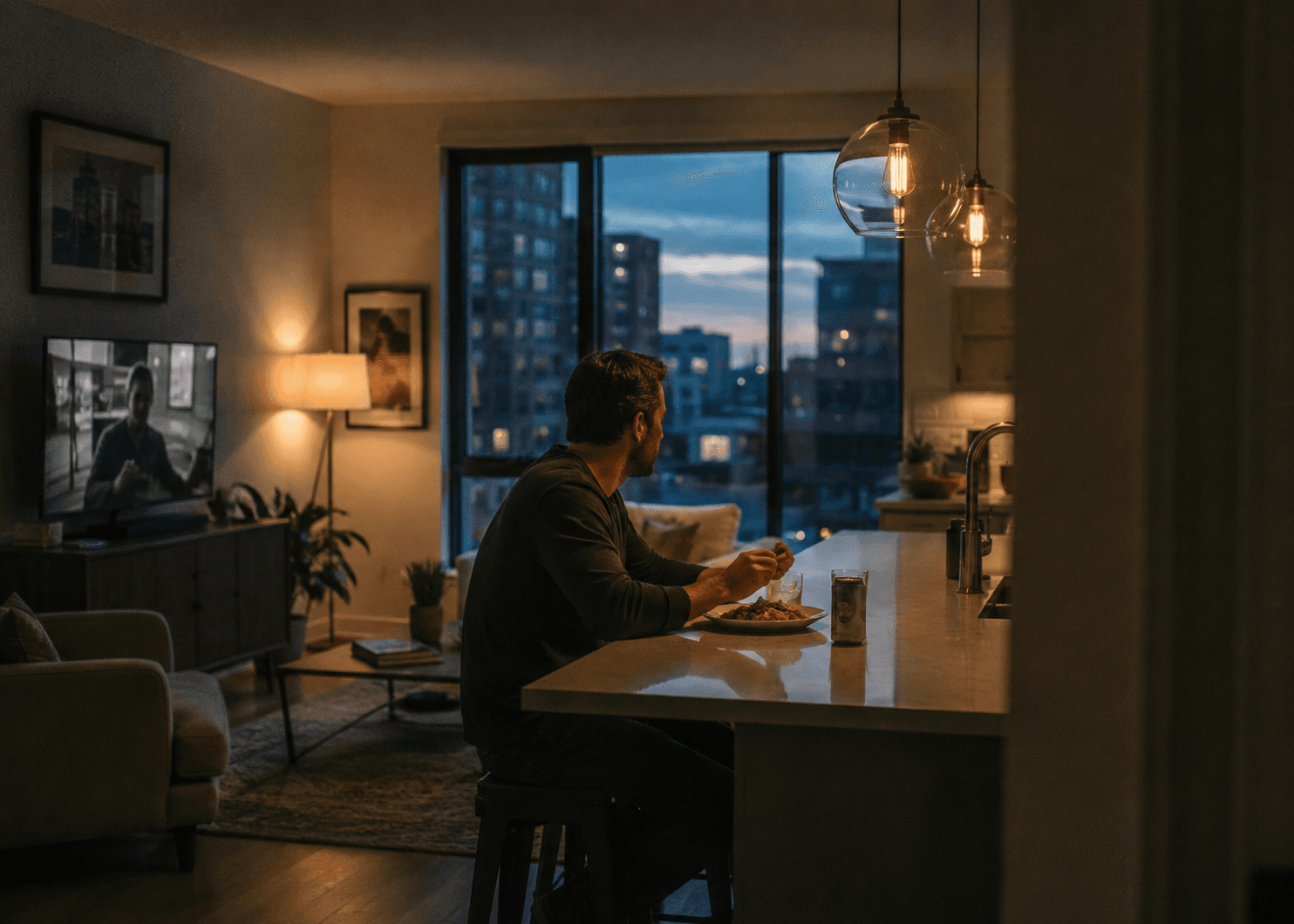 A man eating alone at a bright apartment kitchen island during an ordinary afternoon at home.