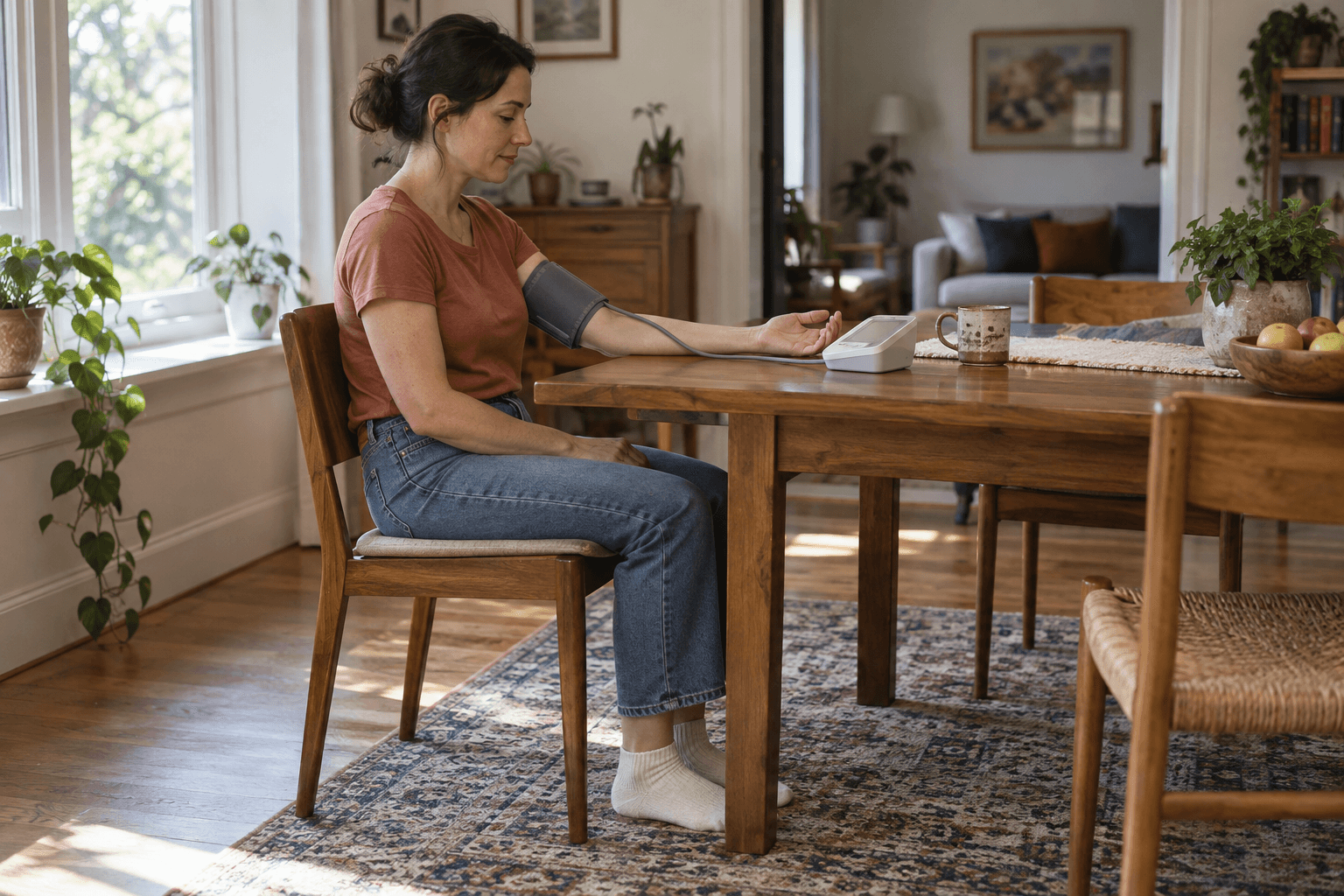 An adult seated at a table with an upper-arm blood pressure cuff and a monitor.