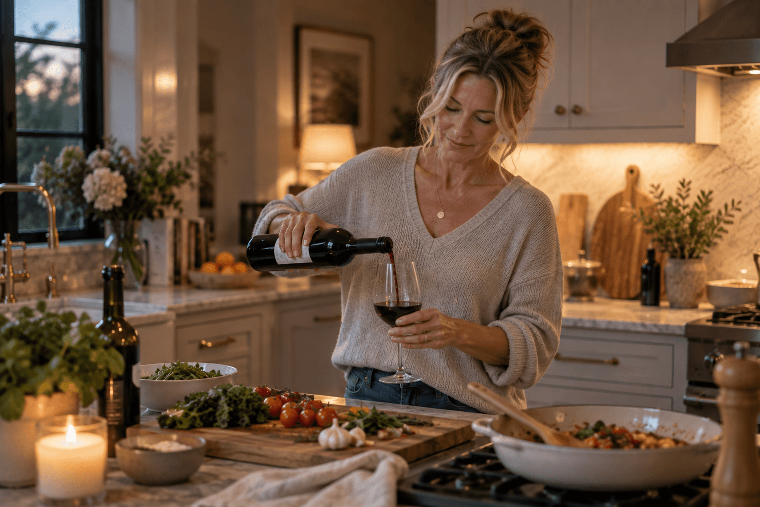 A woman in her 50s casually pouring red wine while preparing dinner in a warm kitchen.