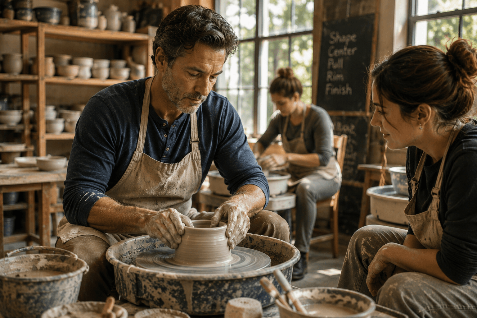 A man learning pottery in a bright studio, representing neuroplasticity and new learning after quitting alcohol.