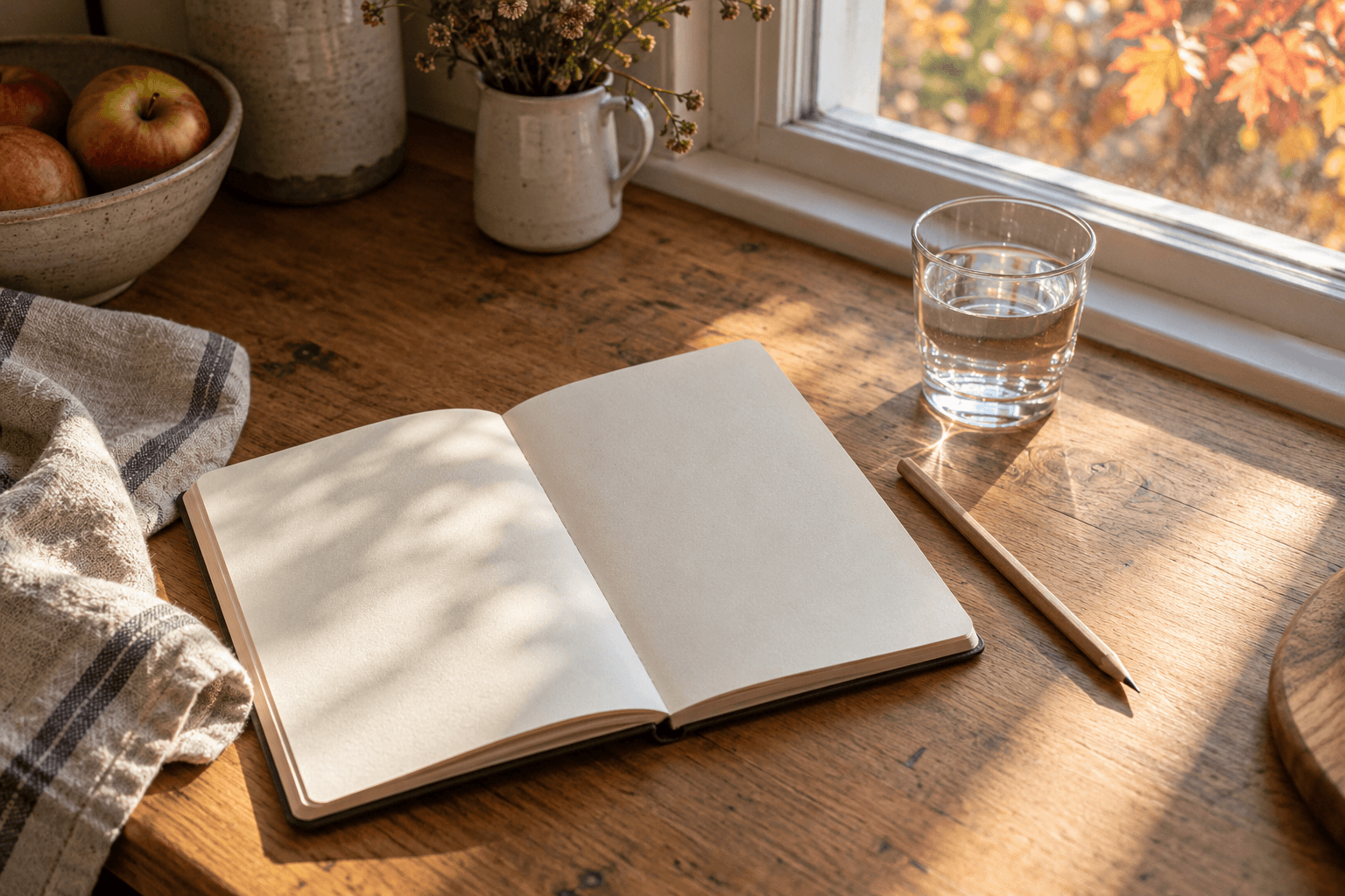A blank notebook, pencil and glass of water sit on a wooden counter beside an autumn window.